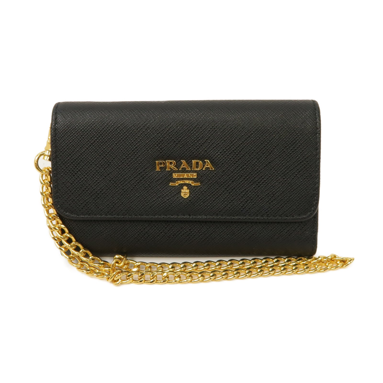 PRADA 【激減優惠】Saffiano皮革Mini Wallet with Chain金扣錢包黑色