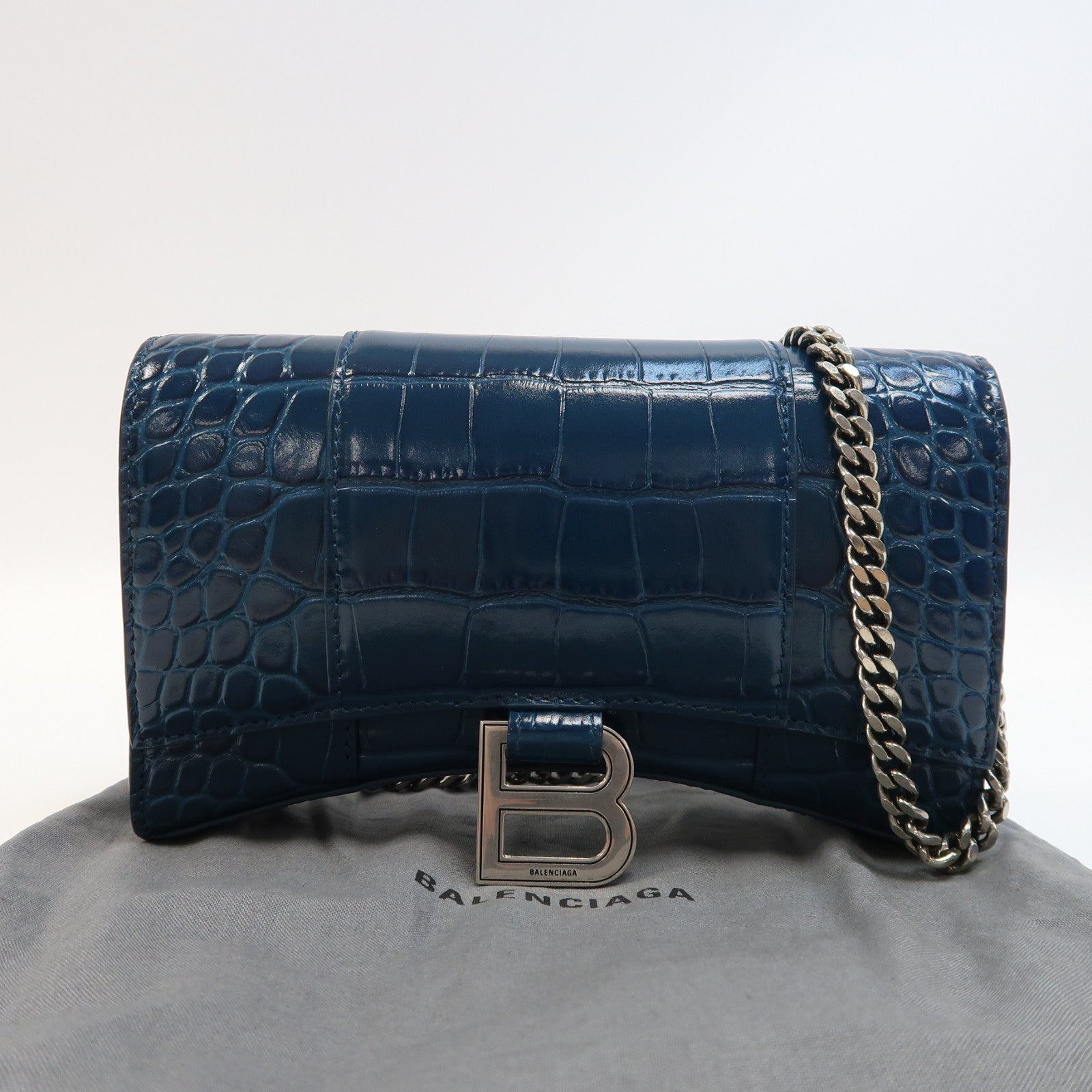BALENCIAGA 【激減優惠】牛皮皮革Hourglass WOC銀扣鏈帶肩背袋藍色