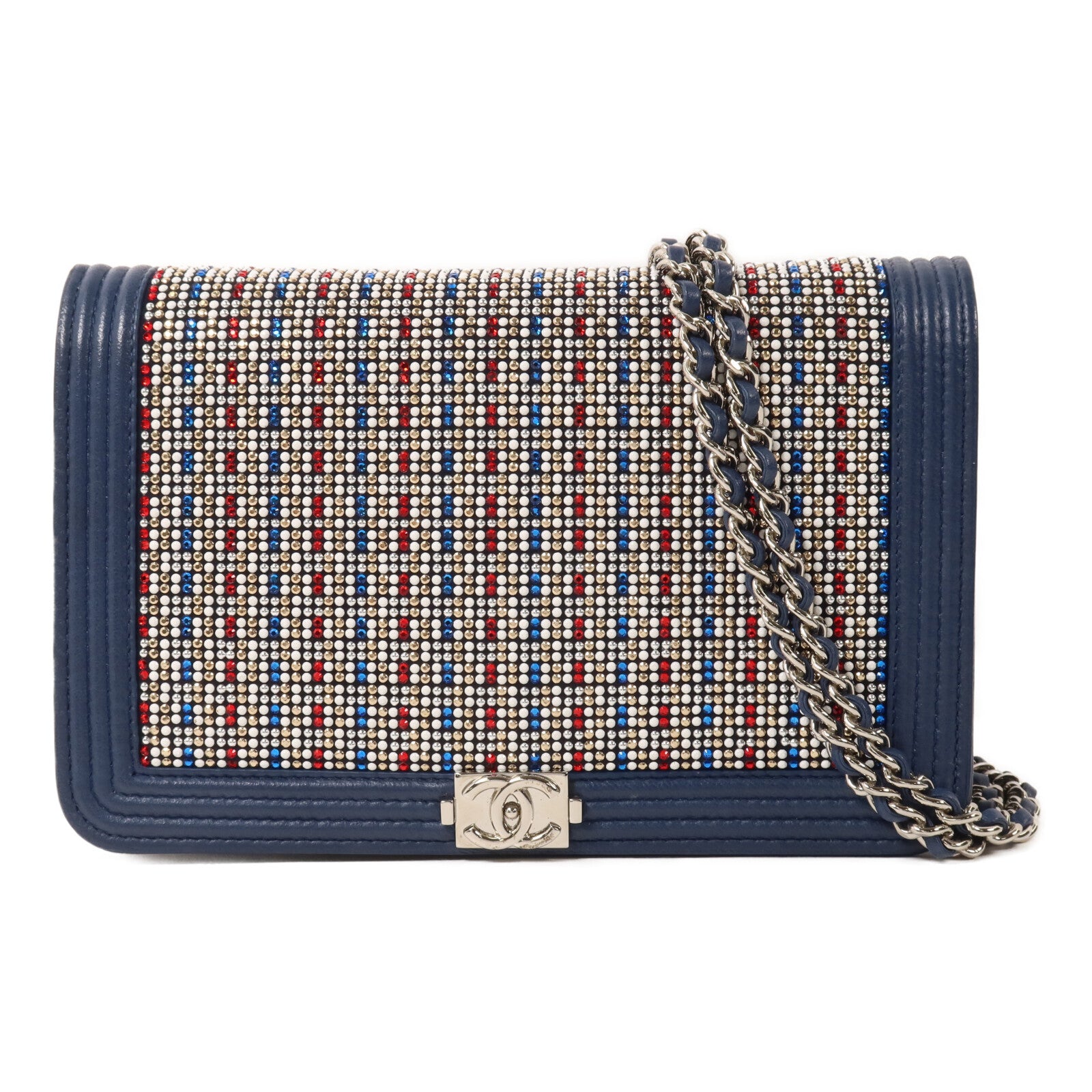 CHANEL 牛皮皮革/Strass Boy Wallet On Chain鏈帶肩背袋