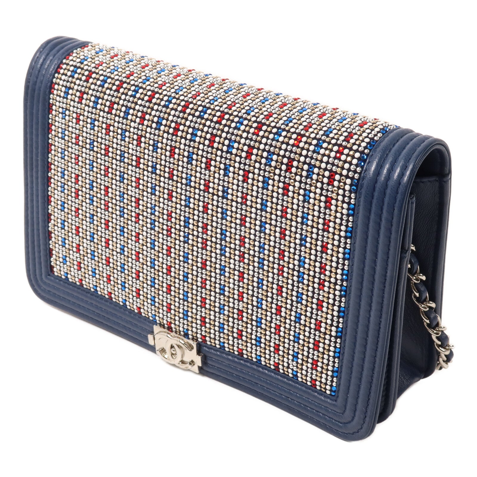 CHANEL 牛皮皮革/Strass Boy Wallet On Chain鏈帶肩背袋