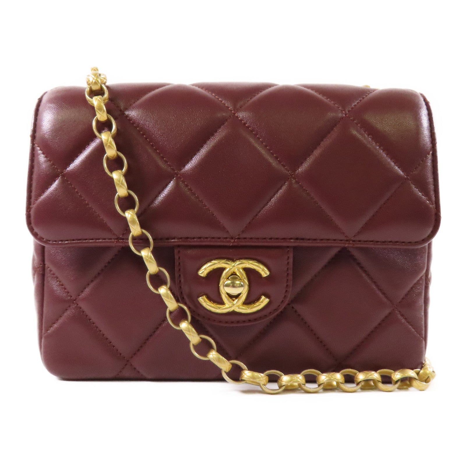 CHANEL CC GHW Chain Shoulder Bag Lambskin Leather Brown