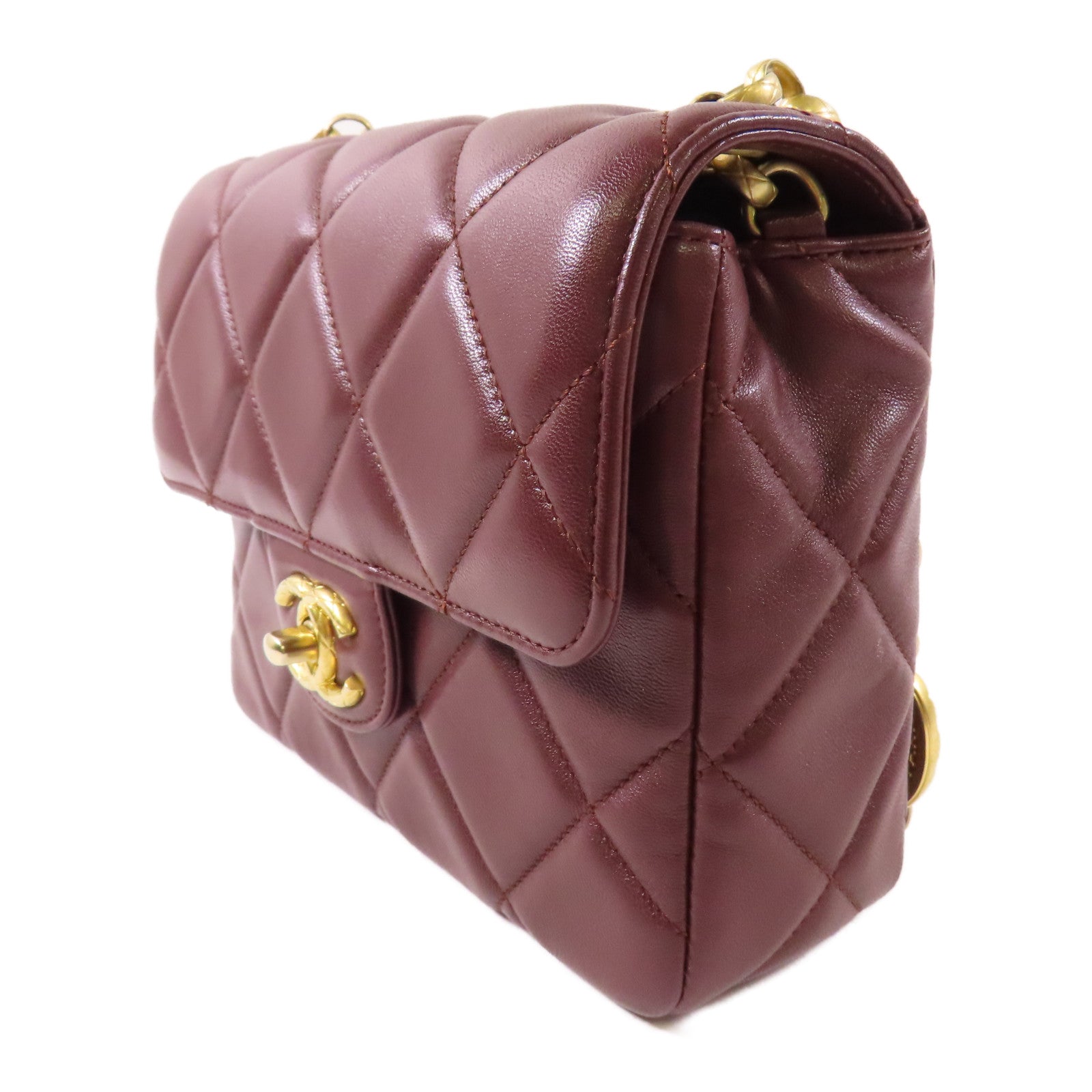 CHANEL CC GHW Chain Shoulder Bag Lambskin Leather Brown