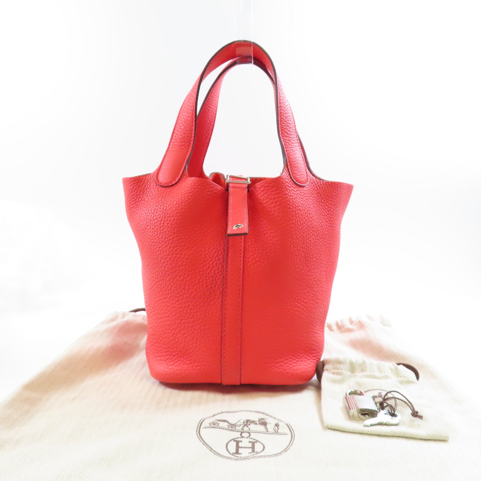 HERMES Clemence皮革Picotin PM銀扣手挽袋Rose Texas紅色