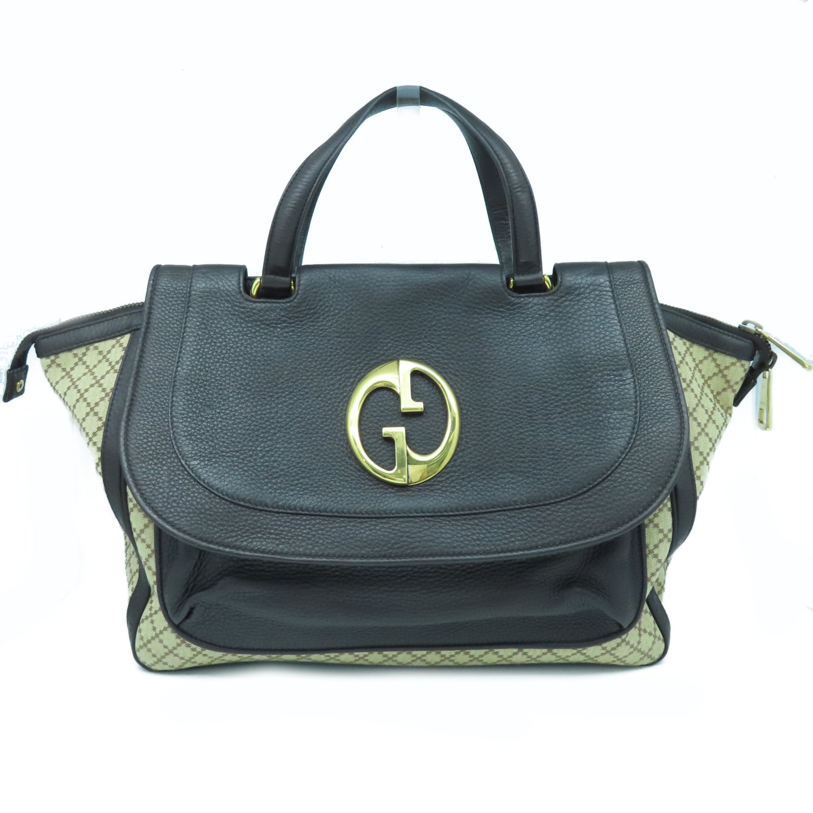 GUCCI 牛皮皮革/帆布Hand Bag金扣手挽袋啡色/米色