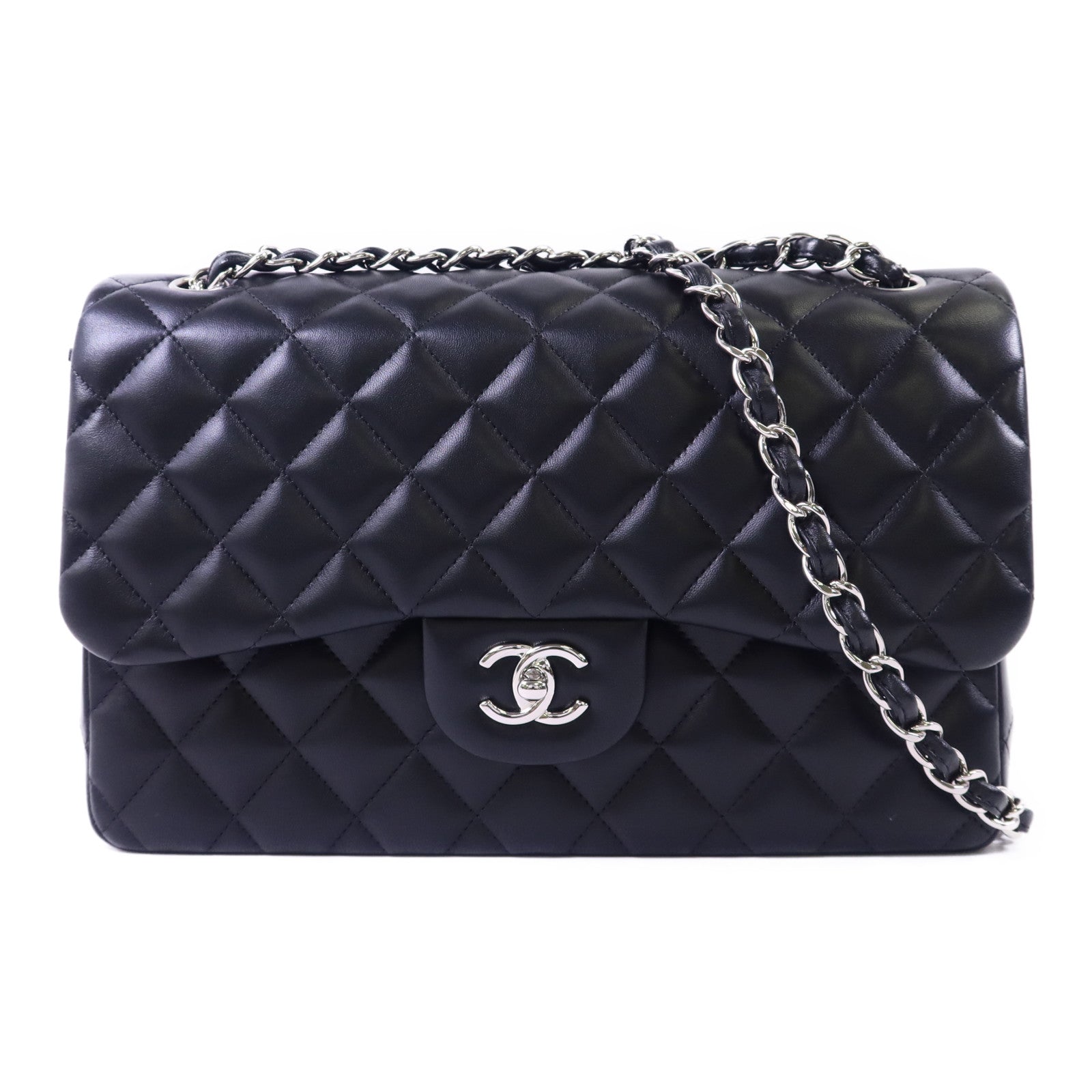 CHANEL 羊皮皮革Large Classic 銀扣鏈帶肩背袋