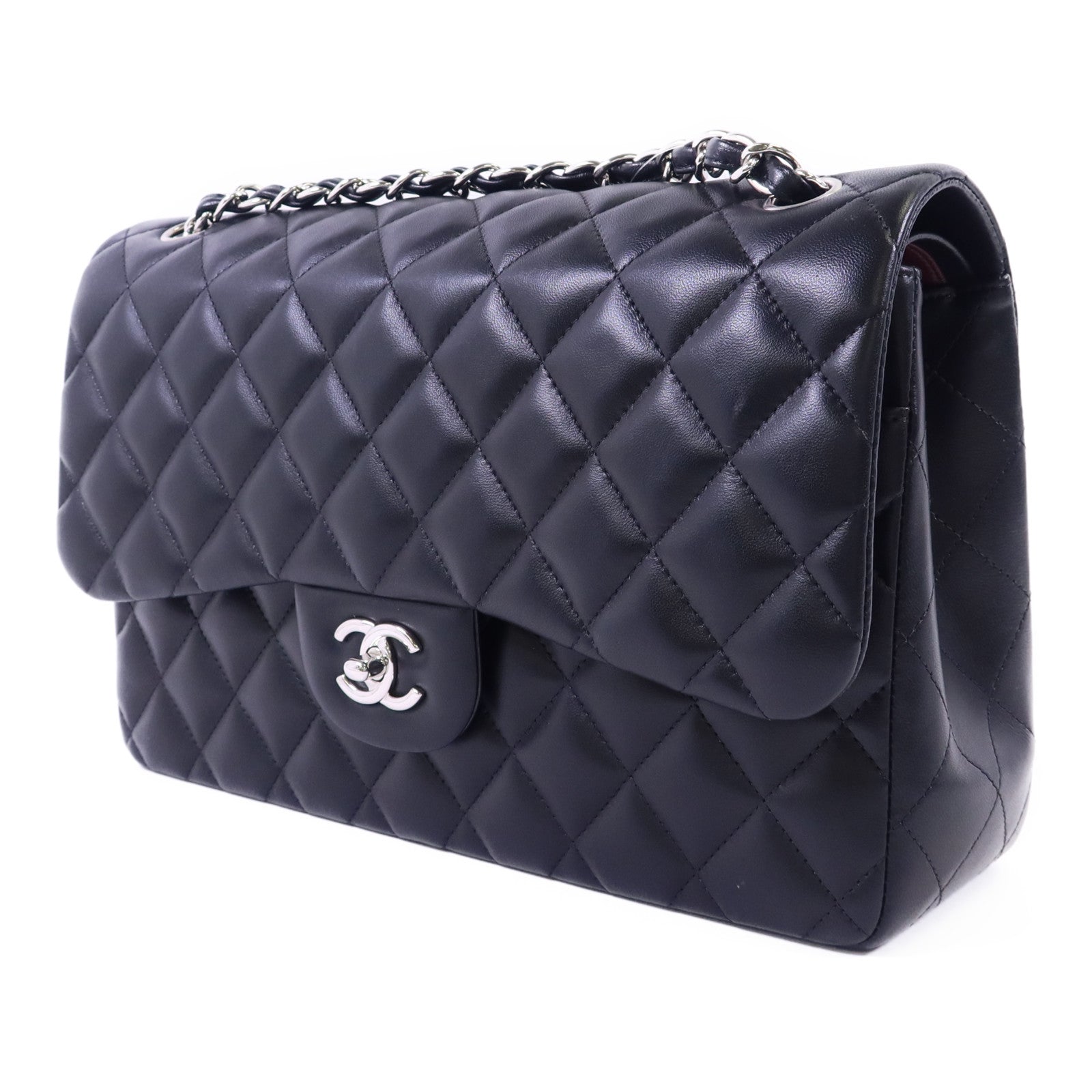 CHANEL 羊皮皮革Large Classic 銀扣鏈帶肩背袋