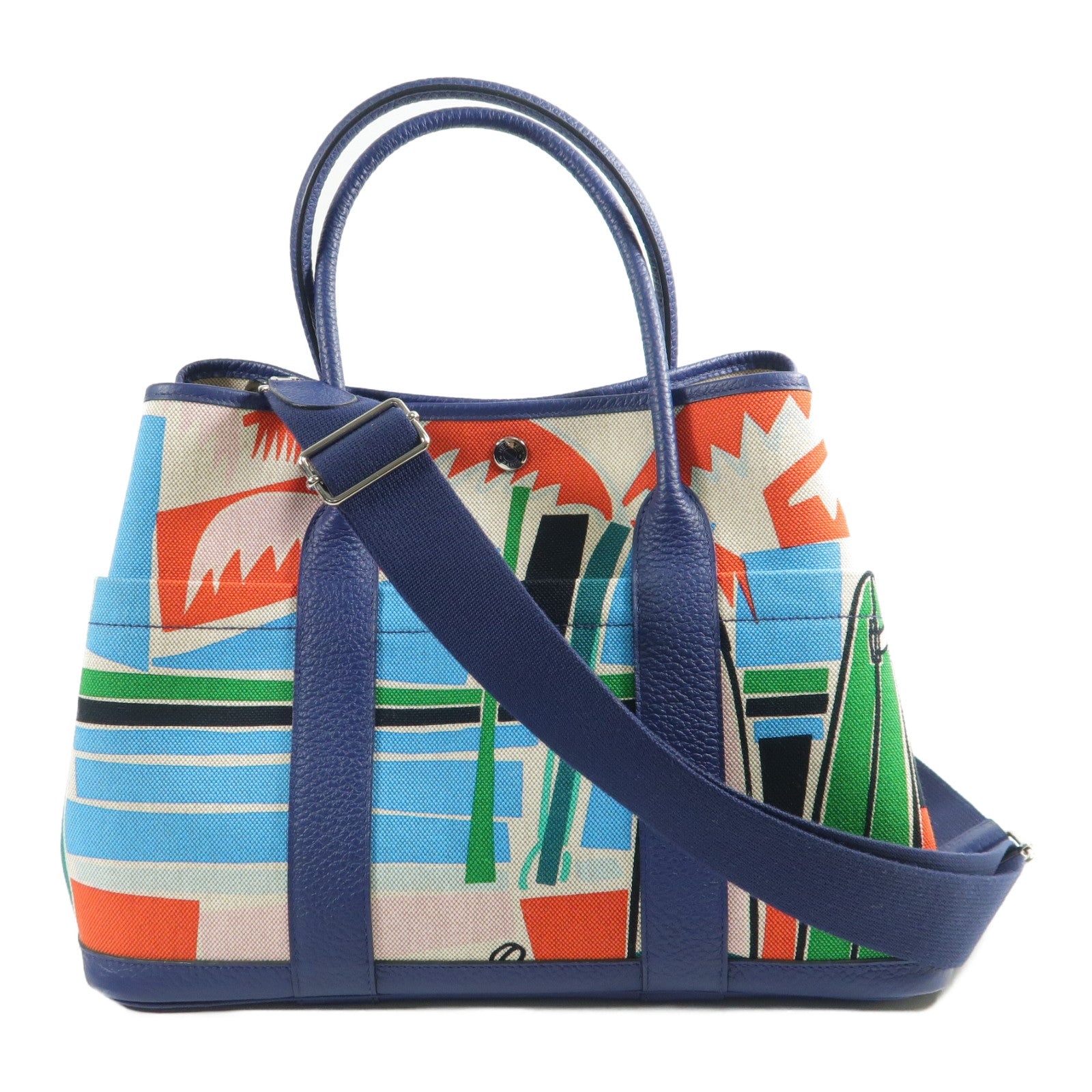 HERMES Toile H Garden Party PM Pocket銀扣手挽肩背兩用袋Bleu Saphir