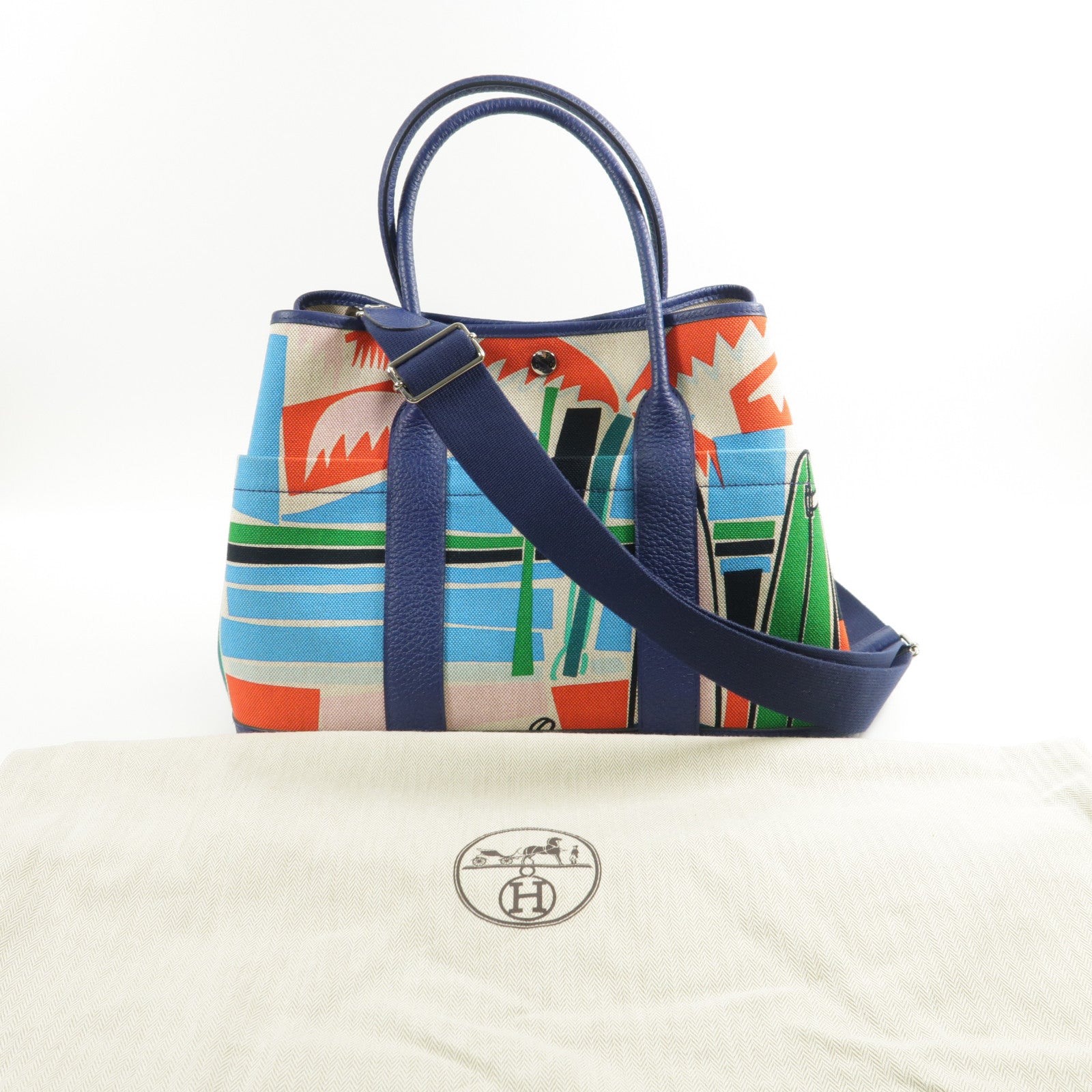 HERMES Toile H Garden Party PM Pocket銀扣手挽肩背兩用袋Bleu Saphir