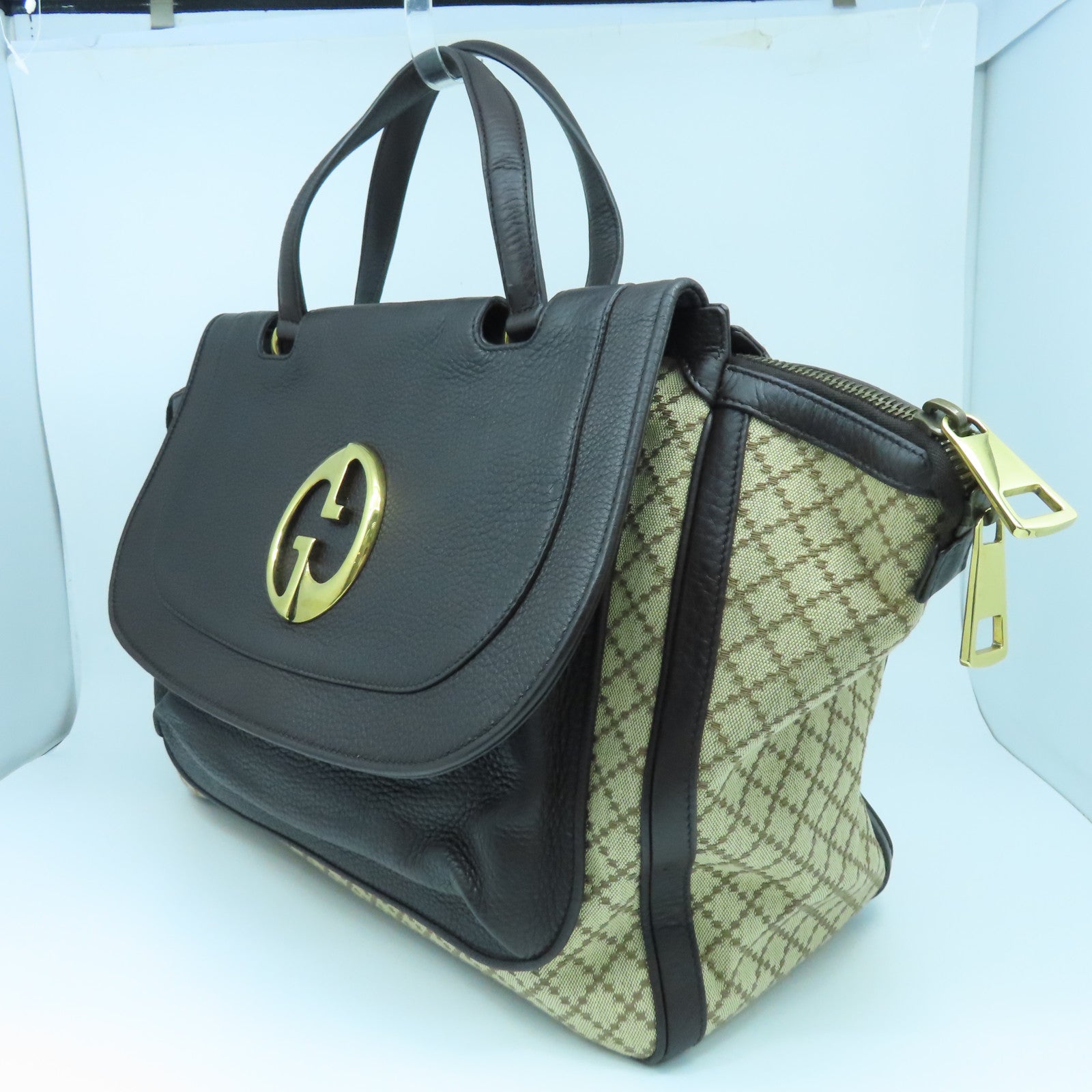 GUCCI 牛皮皮革/帆布Hand Bag金扣手挽袋啡色/米色