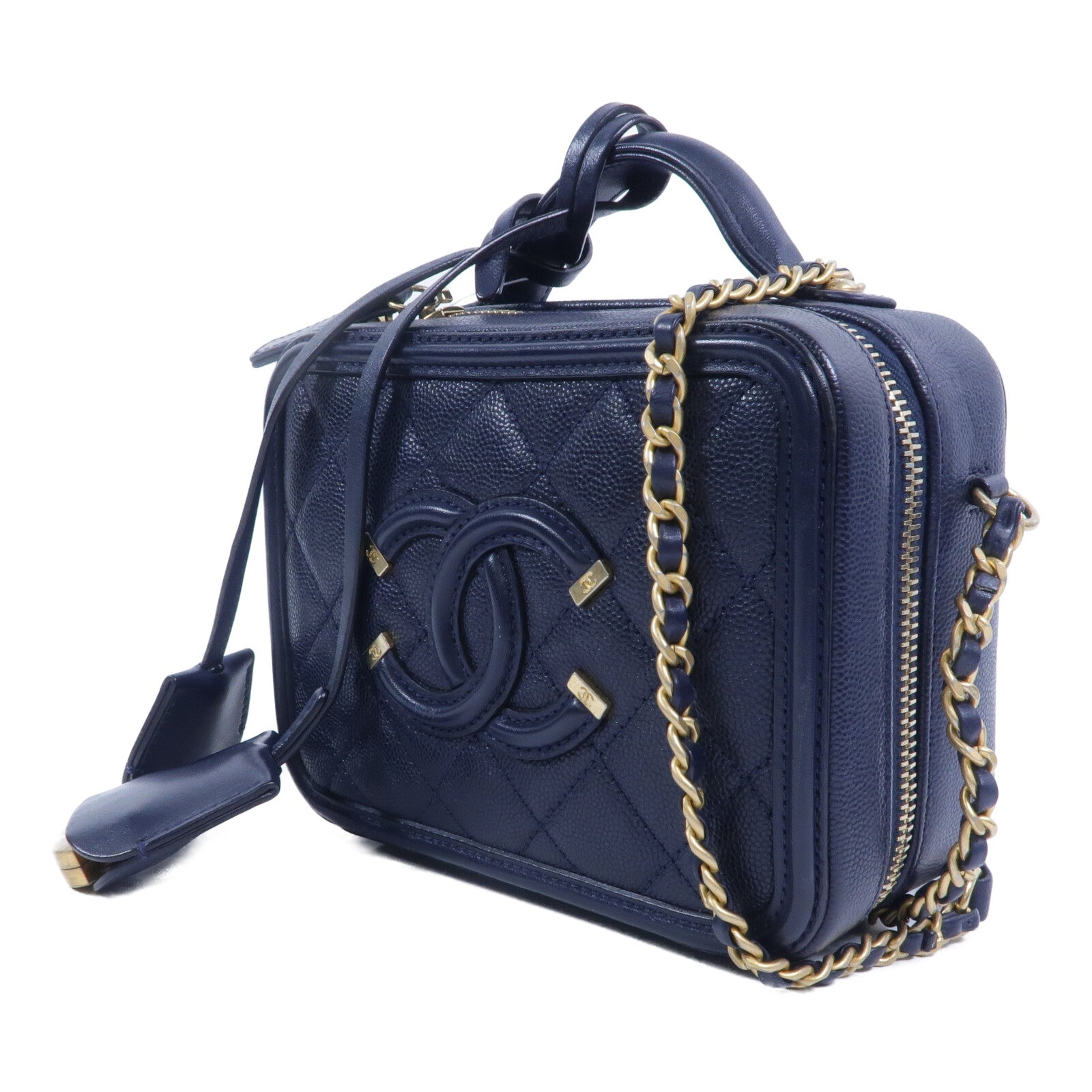 CHANEL 牛皮皮革CC Filigree Vanity Case鏈帶手挽肩背兩用袋