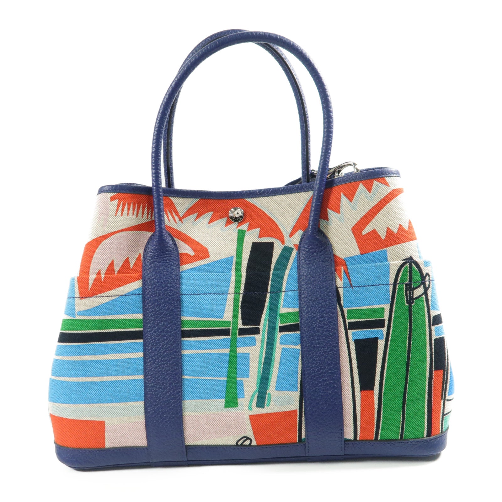 HERMES Toile H Garden Party PM Pocket銀扣手挽肩背兩用袋Bleu Saphir