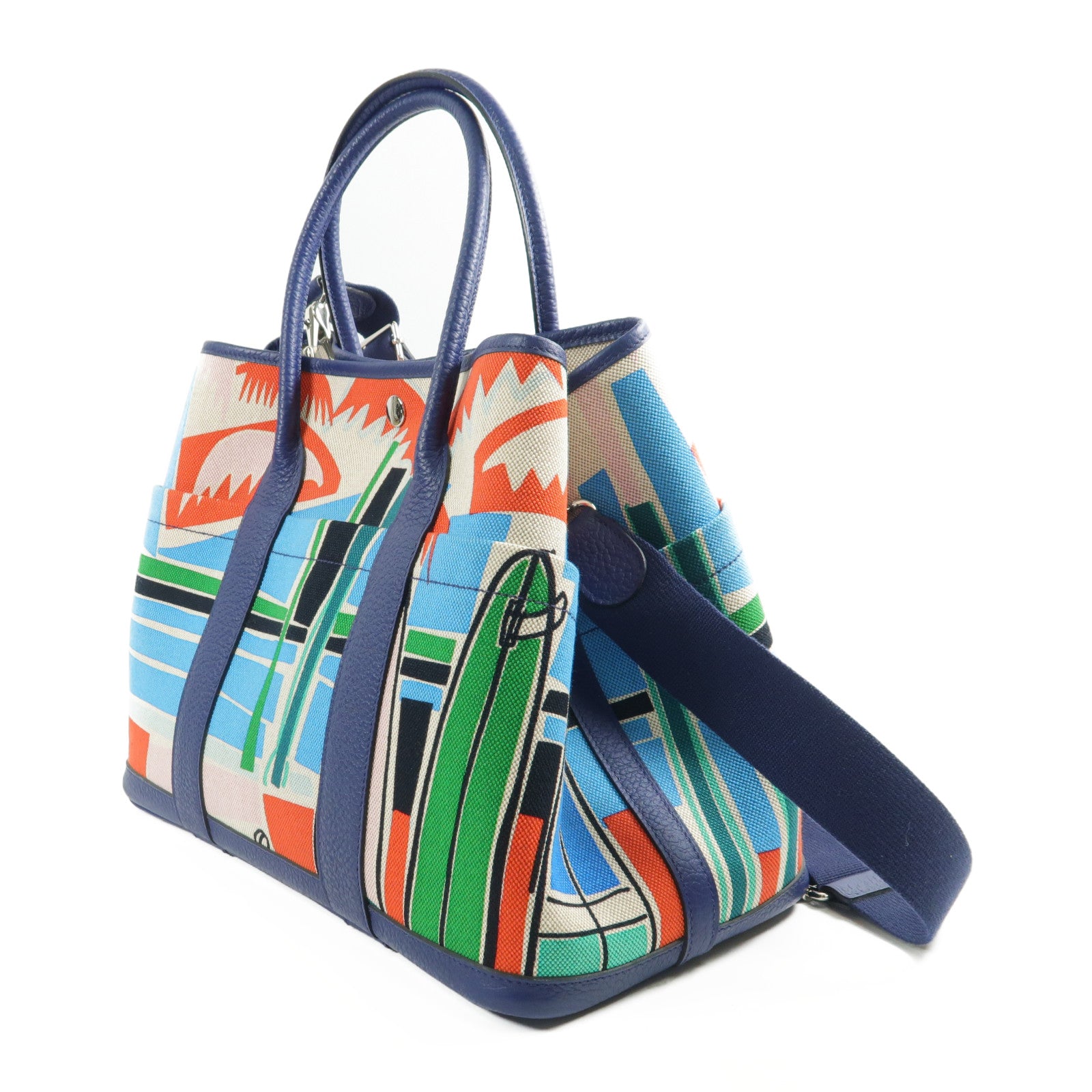 HERMES Toile H Garden Party PM Pocket銀扣手挽肩背兩用袋Bleu Saphir