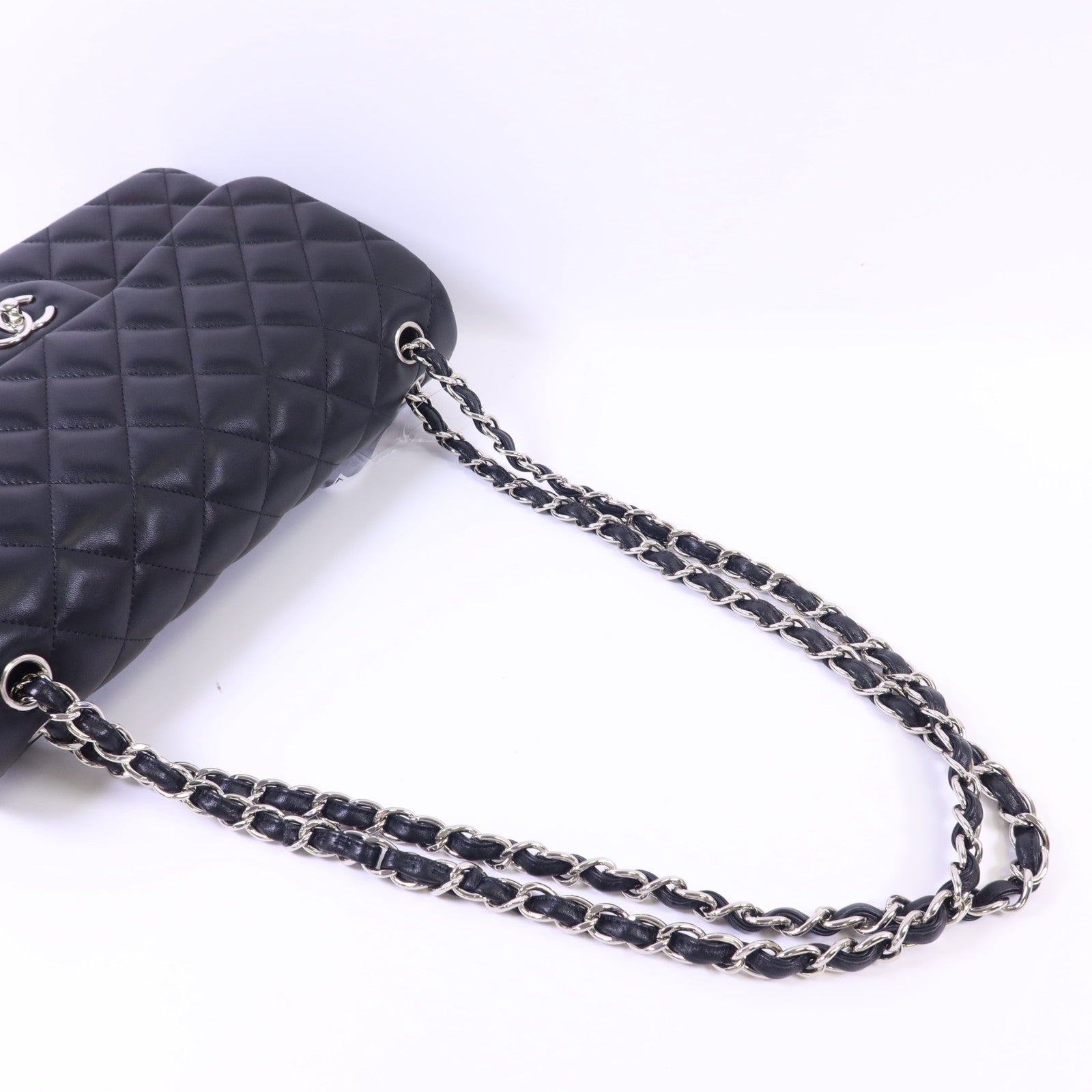CHANEL 羊皮皮革Large Classic 銀扣鏈帶肩背袋