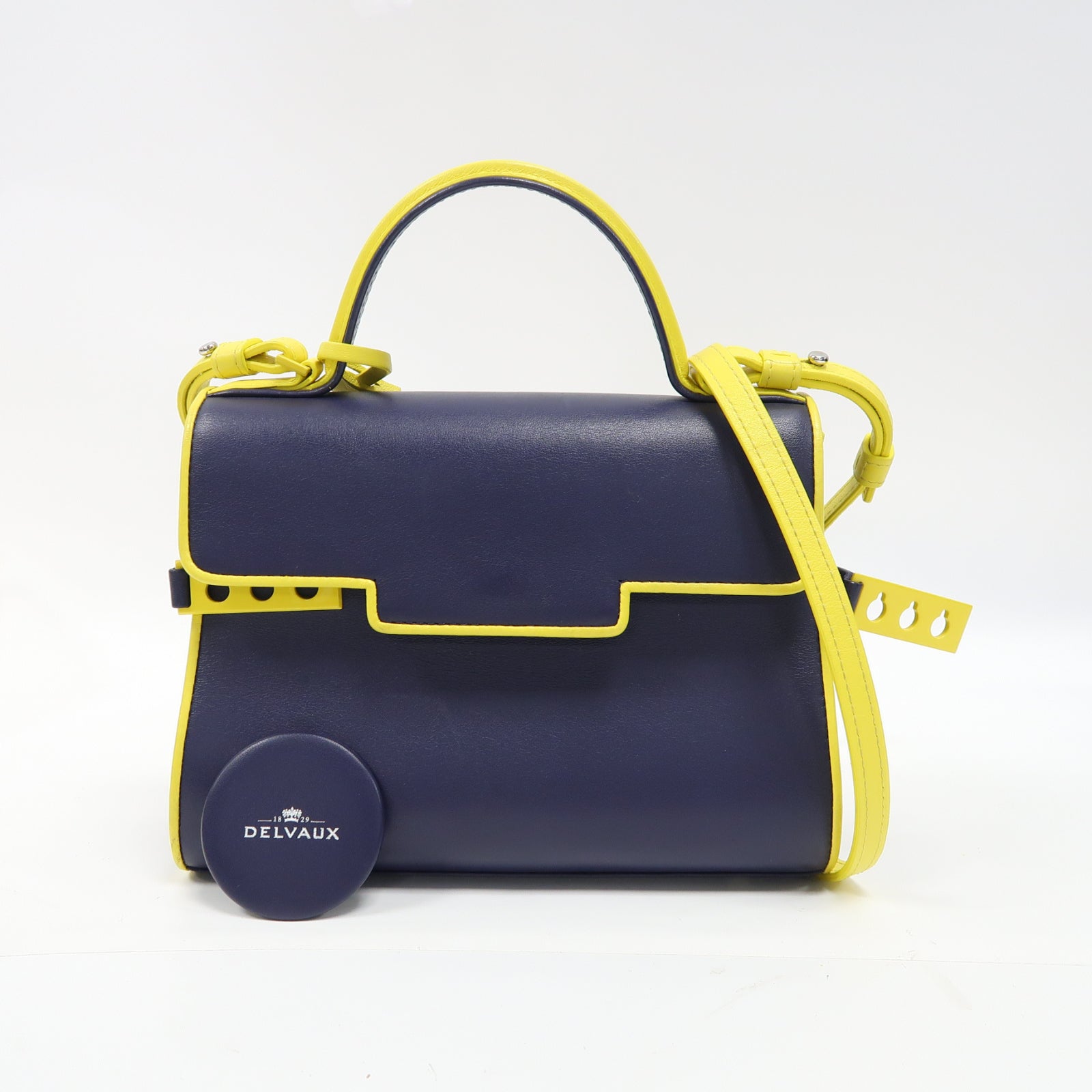 Delvaux 牛皮皮革Shoulder Bag銀扣手挽肩背兩用袋藍色/黃色