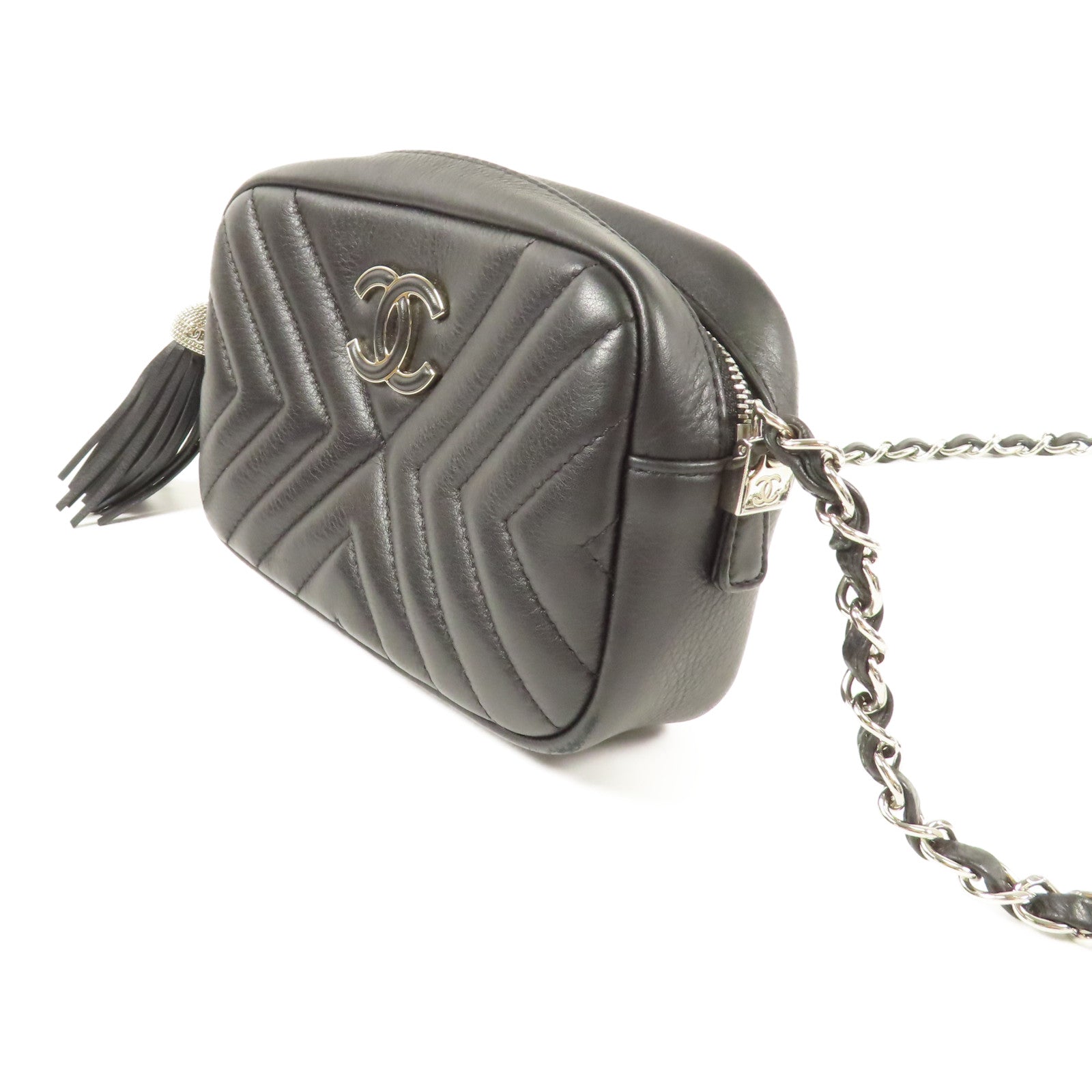 CHANEL 牛皮皮革Chain Shoulder銀扣鏈帶肩背袋