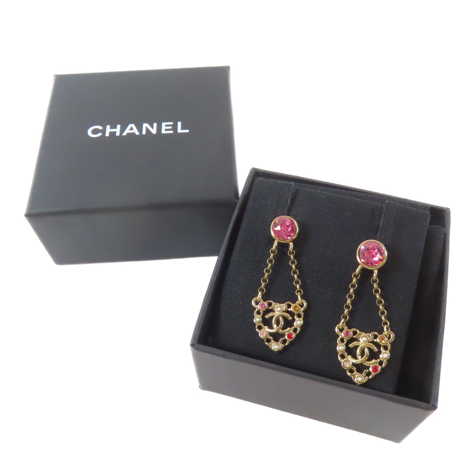 CHANEL 金屬/水晶Pierced Earrings耳環金色/粉紅色