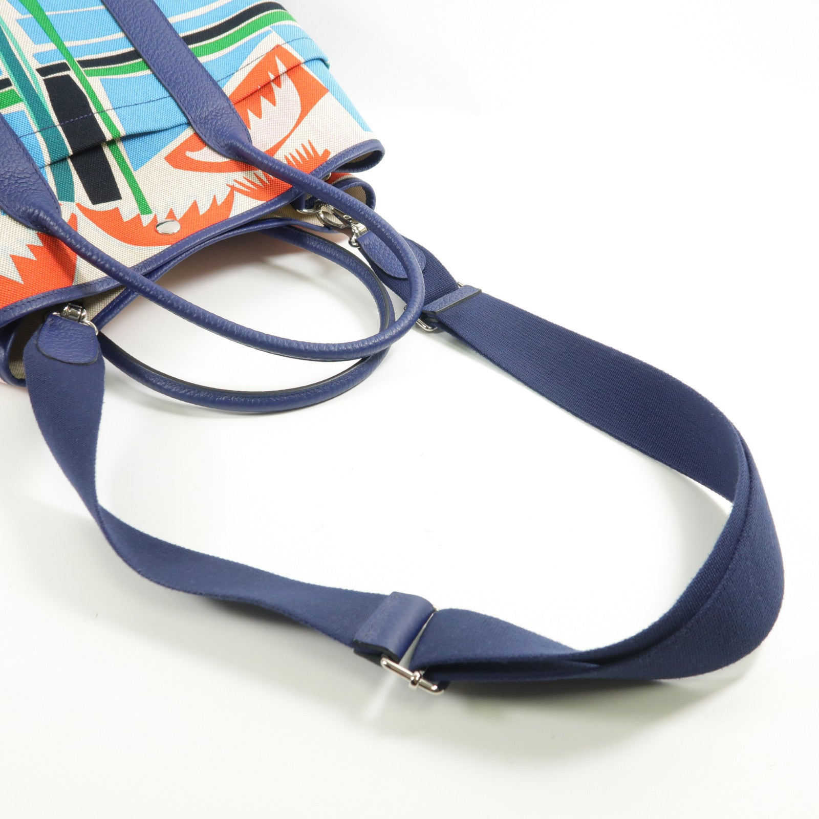 HERMES Toile H Garden Party PM Pocket銀扣手挽肩背兩用袋Bleu Saphir
