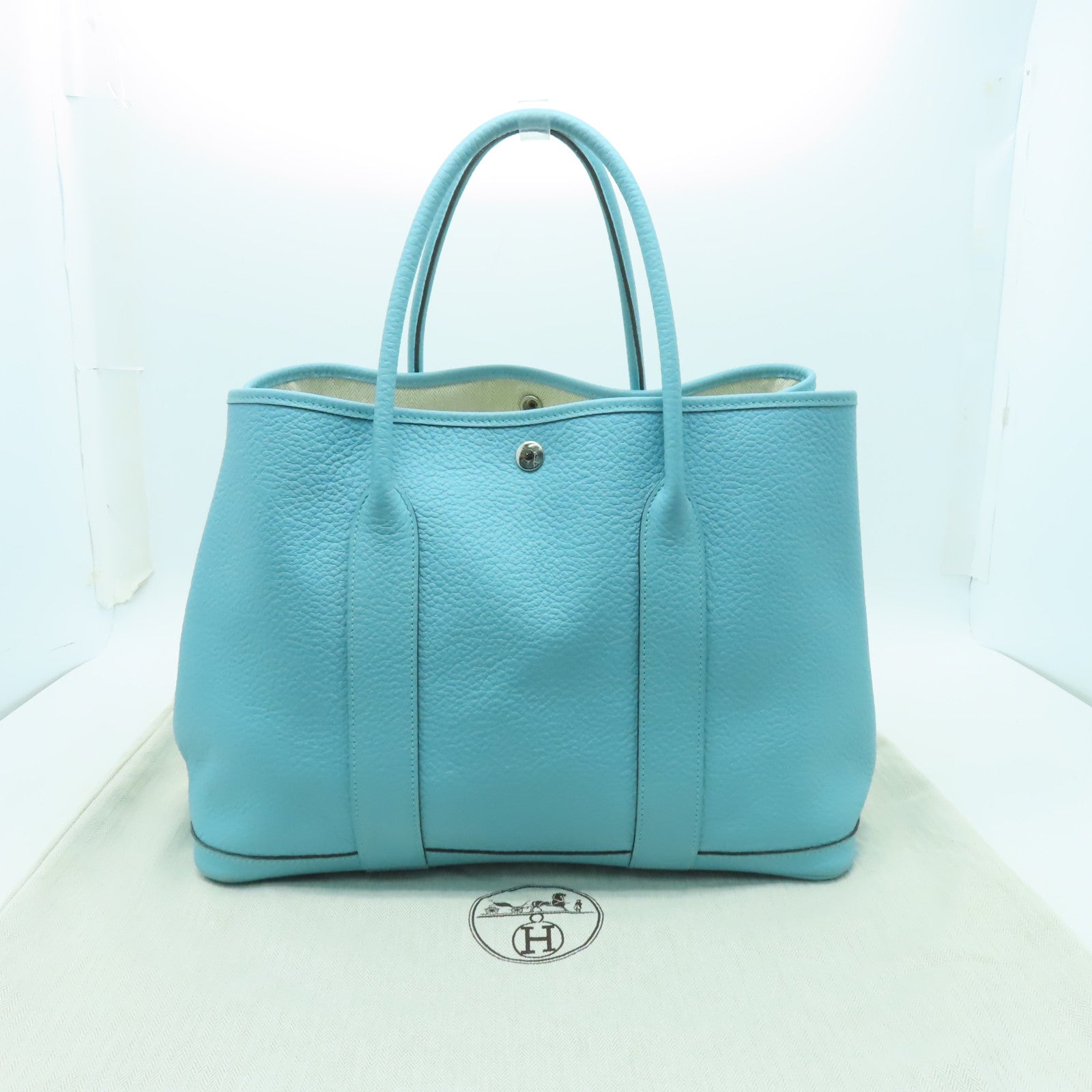 HERMES 【激減優惠】Negonda皮革Garden Party PM銀扣手挽袋Blue Atoll淺藍色