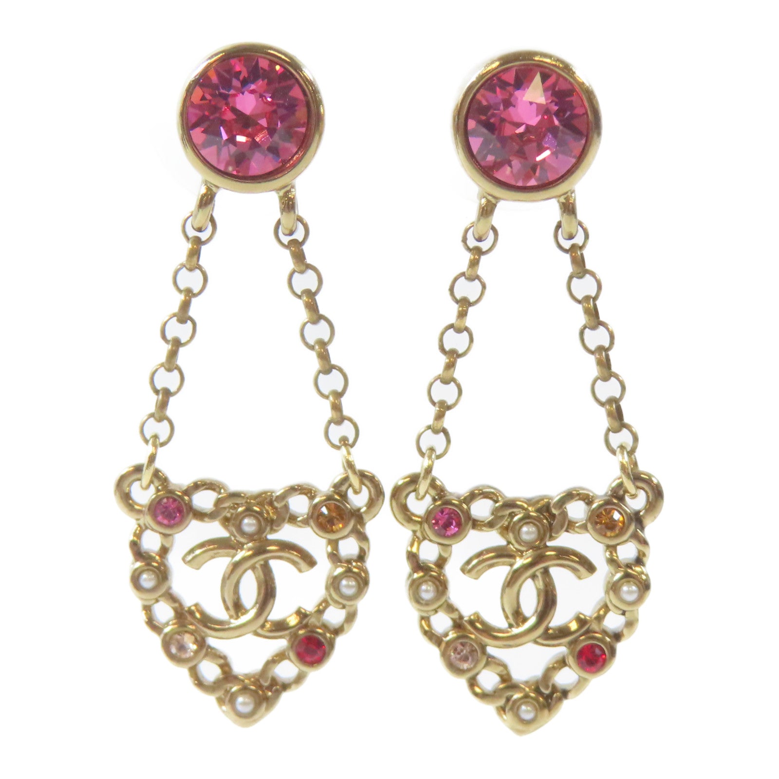 CHANEL 金屬/水晶Pierced Earrings耳環金色/粉紅色
