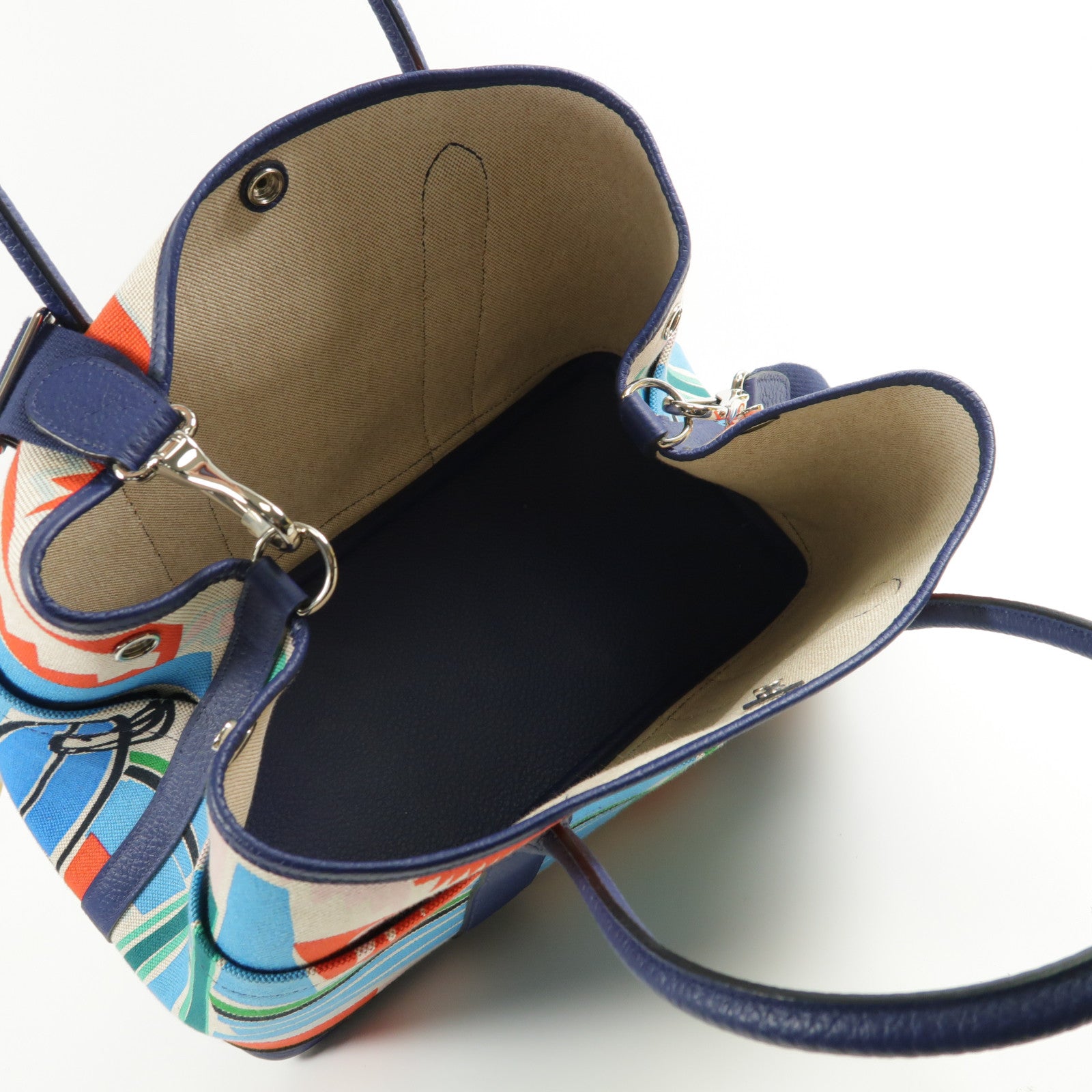 HERMES Toile H Garden Party PM Pocket銀扣手挽肩背兩用袋Bleu Saphir
