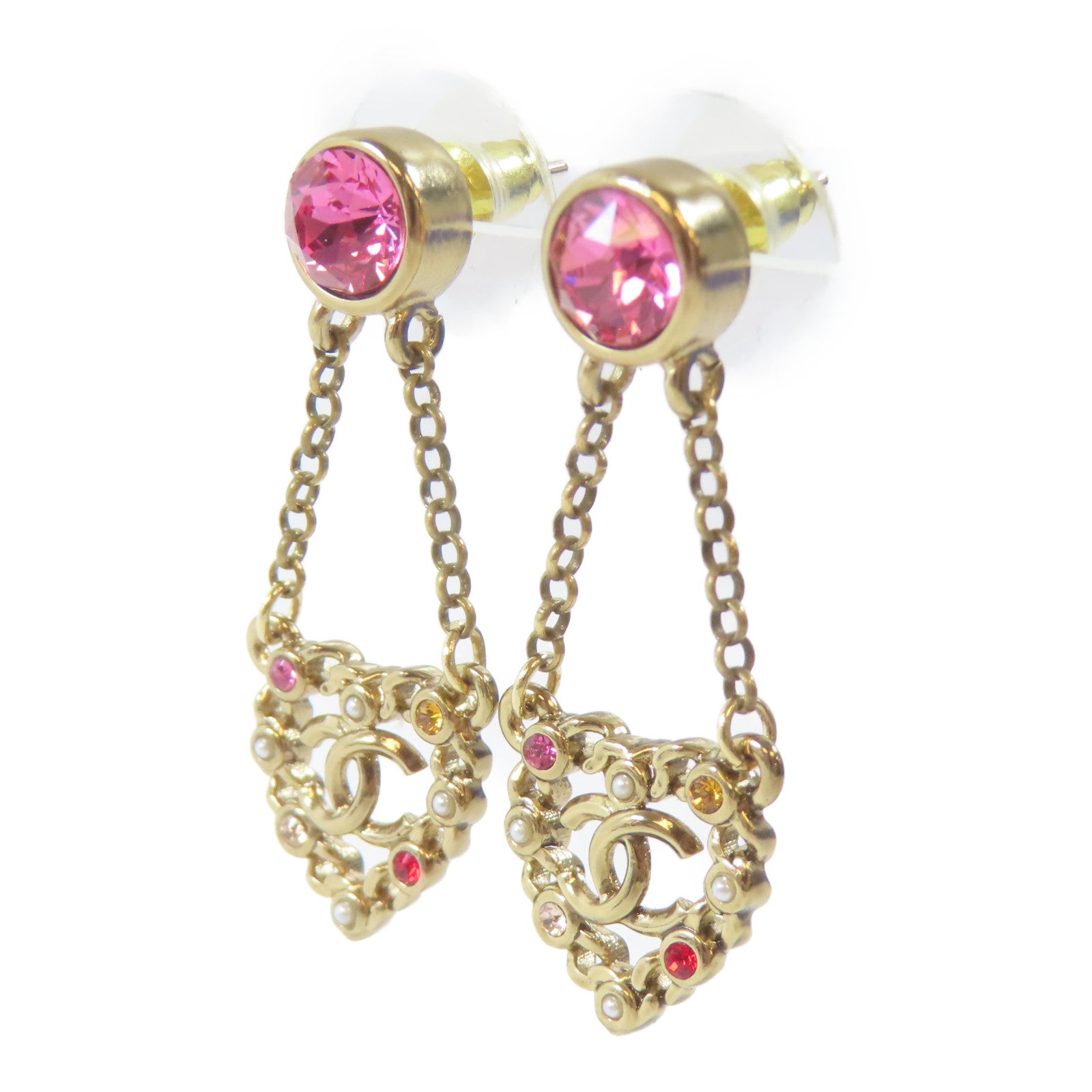 CHANEL 金屬/水晶Pierced Earrings耳環金色/粉紅色