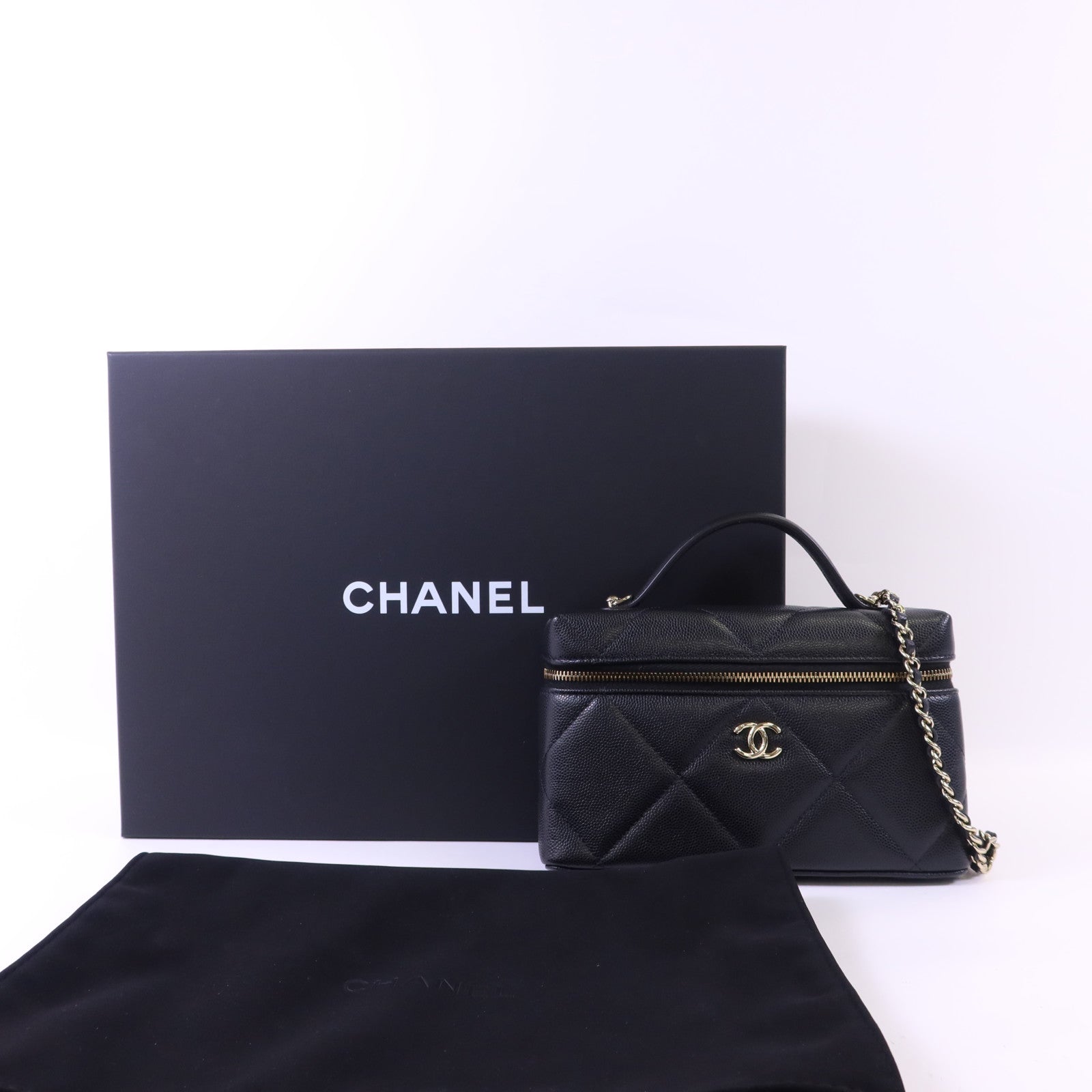 CHANEL 牛皮皮革Vanity With Chain金扣手挽肩背兩用袋