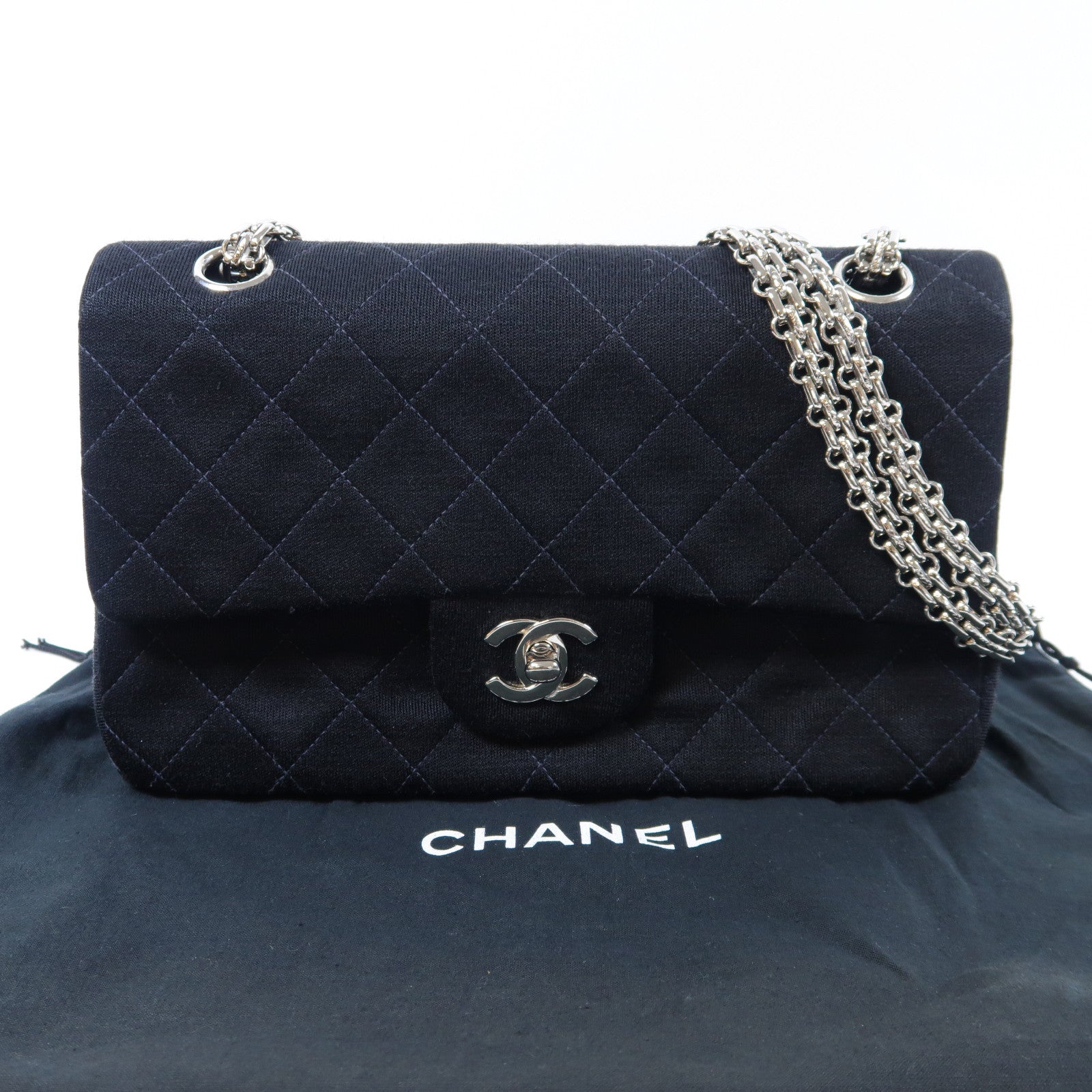 CHANEL 【激減優惠】菱格帆布Classic 23cm銀扣鏈帶肩背袋黑色