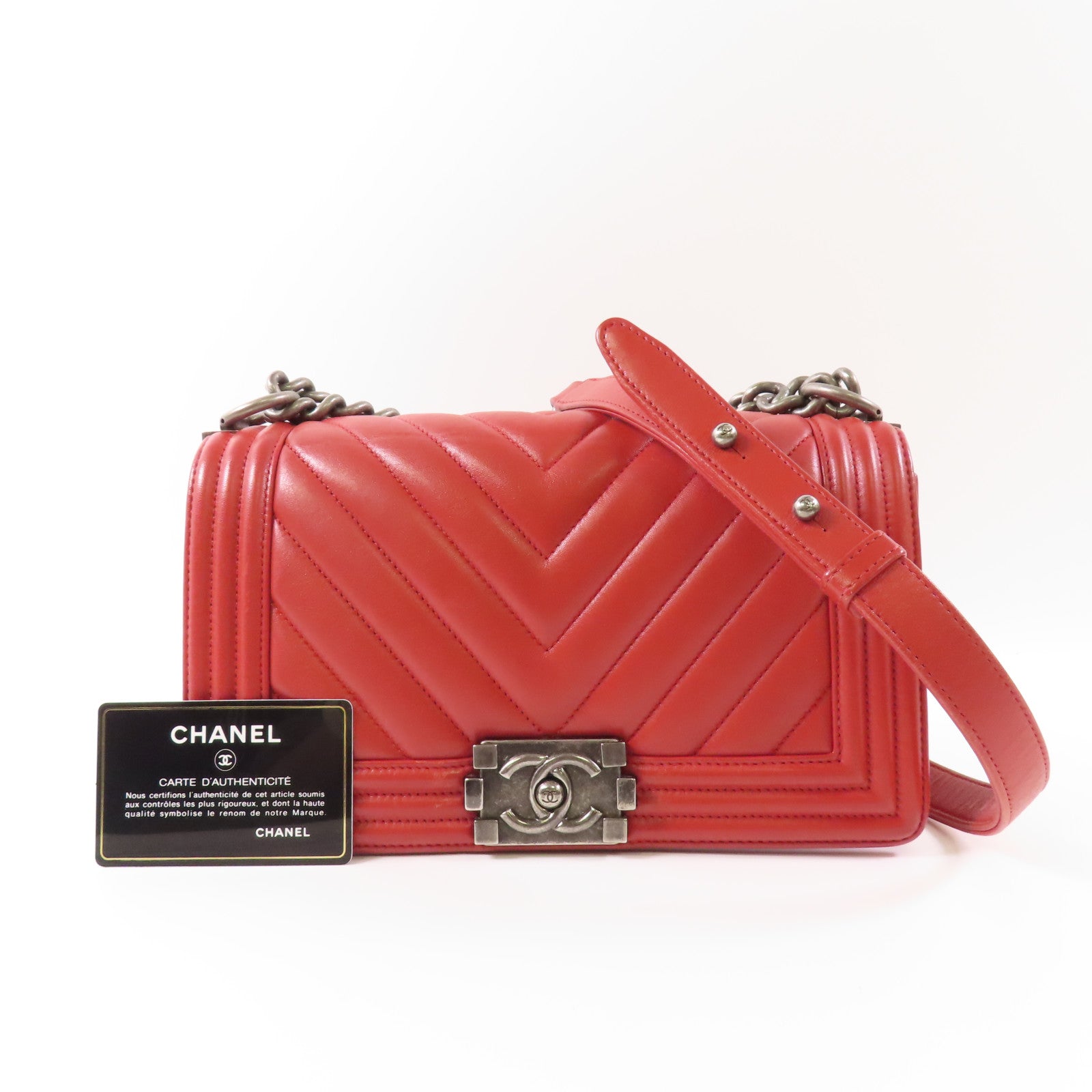 CHANEL CC SHW Boy 25 Chain Shoulder Bag Calfskin Leather Red