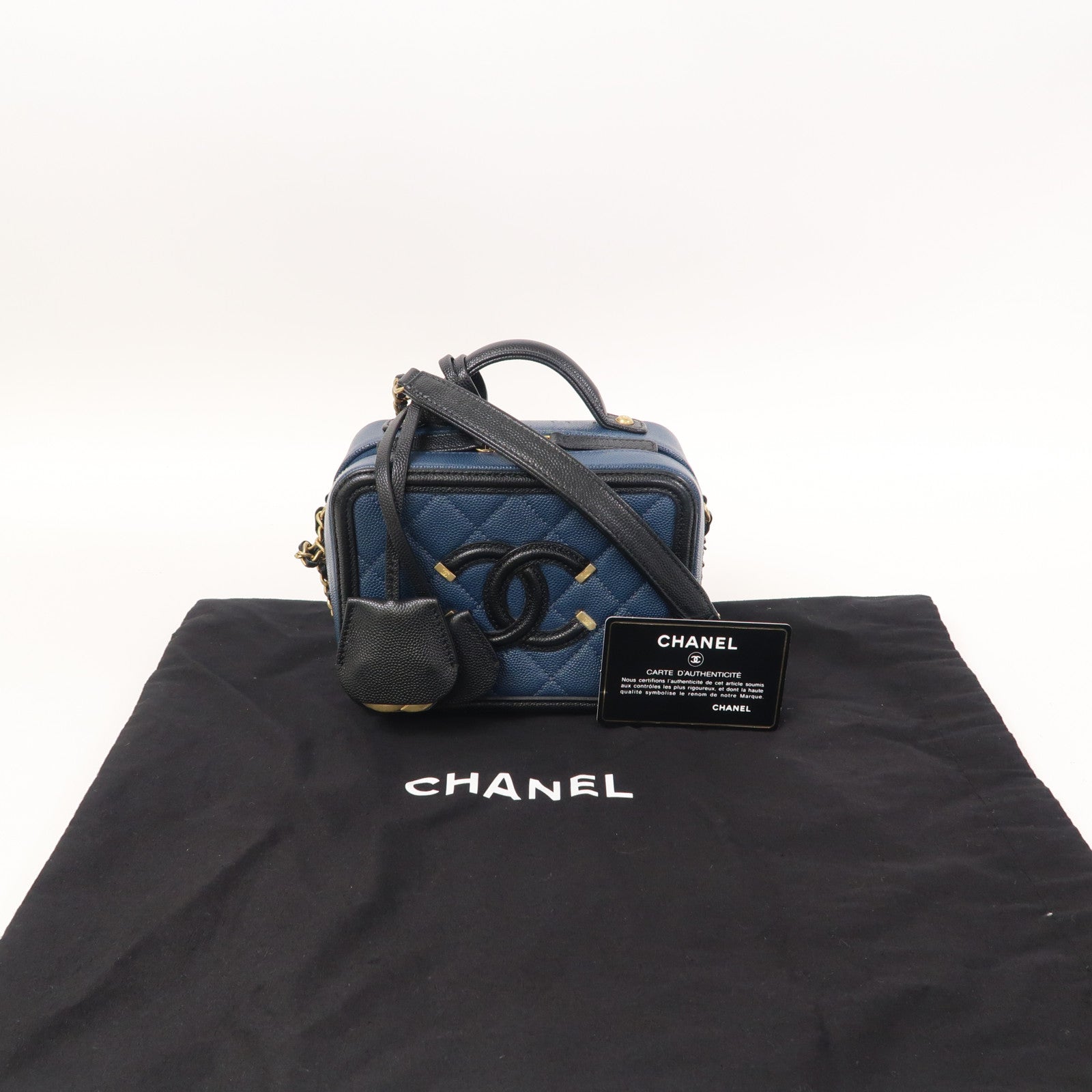 CHANEL 【激減優惠】菱格Caviar皮革Filigree Small Vanity Case金扣手挽肩背兩用袋黑色/藍色
