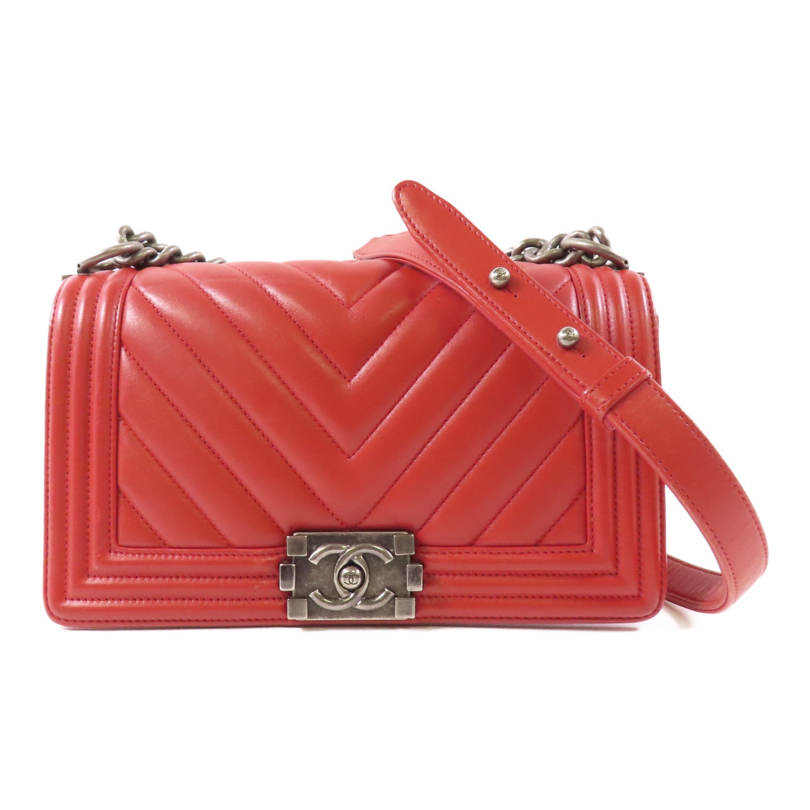 CHANEL CC SHW Boy 25 Chain Shoulder Bag Calfskin Leather Red
