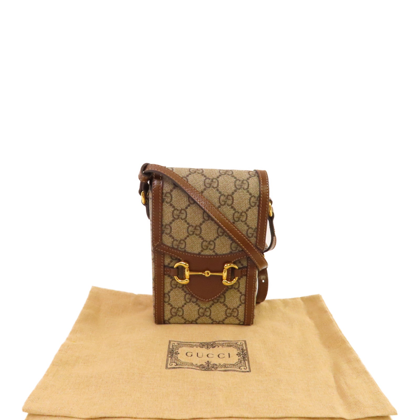 GUCCI 塗層帆布Horsebit 1955 Shoulder Bag金扣肩背袋啡色