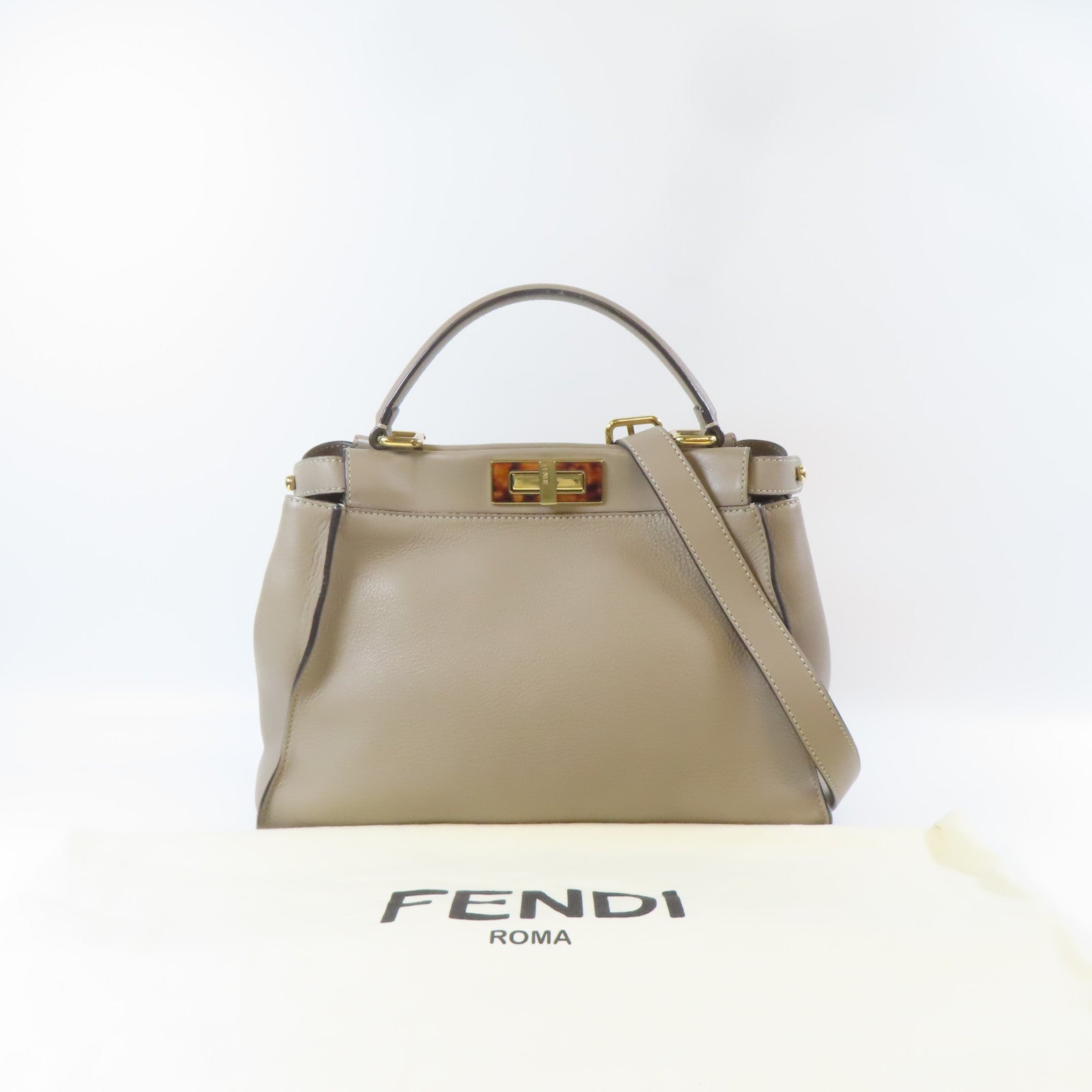 FENDI 牛皮皮革Peekaboo金扣肩背袋啡色