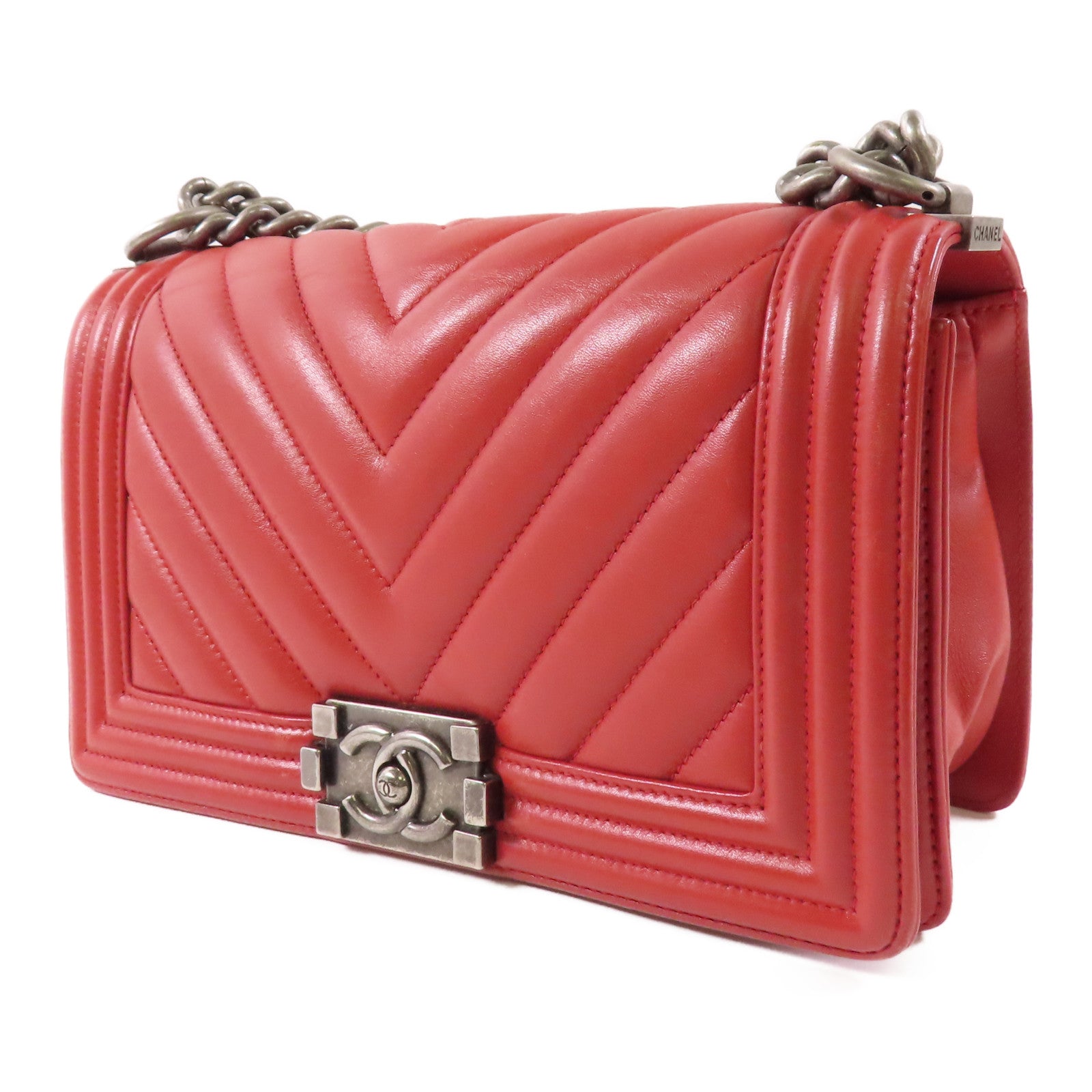 CHANEL CC SHW Boy 25 Chain Shoulder Bag Calfskin Leather Red