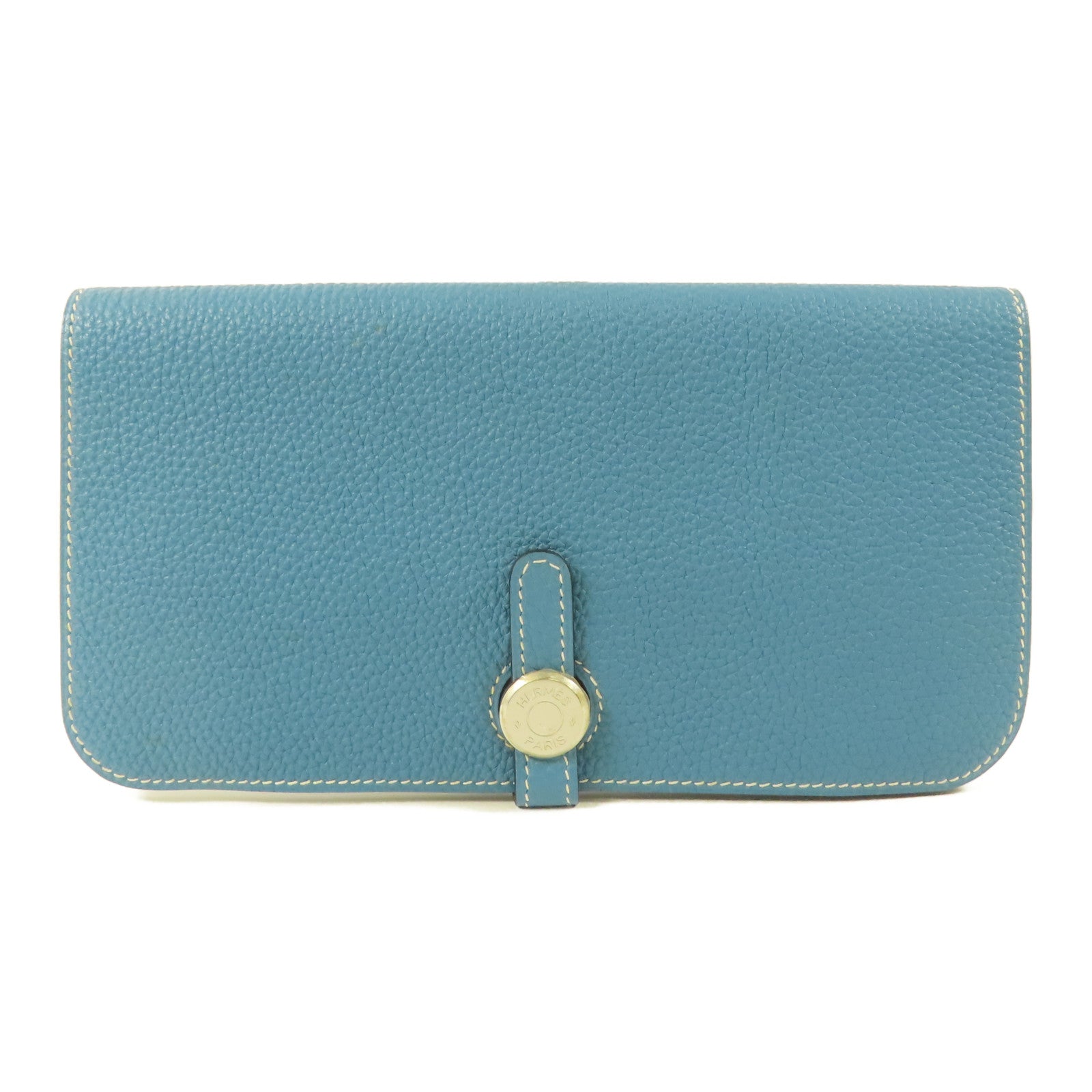 HERMES 【激減優惠】Clemence皮革Dogon MM銀扣長錢包Blue Jeans/藍色