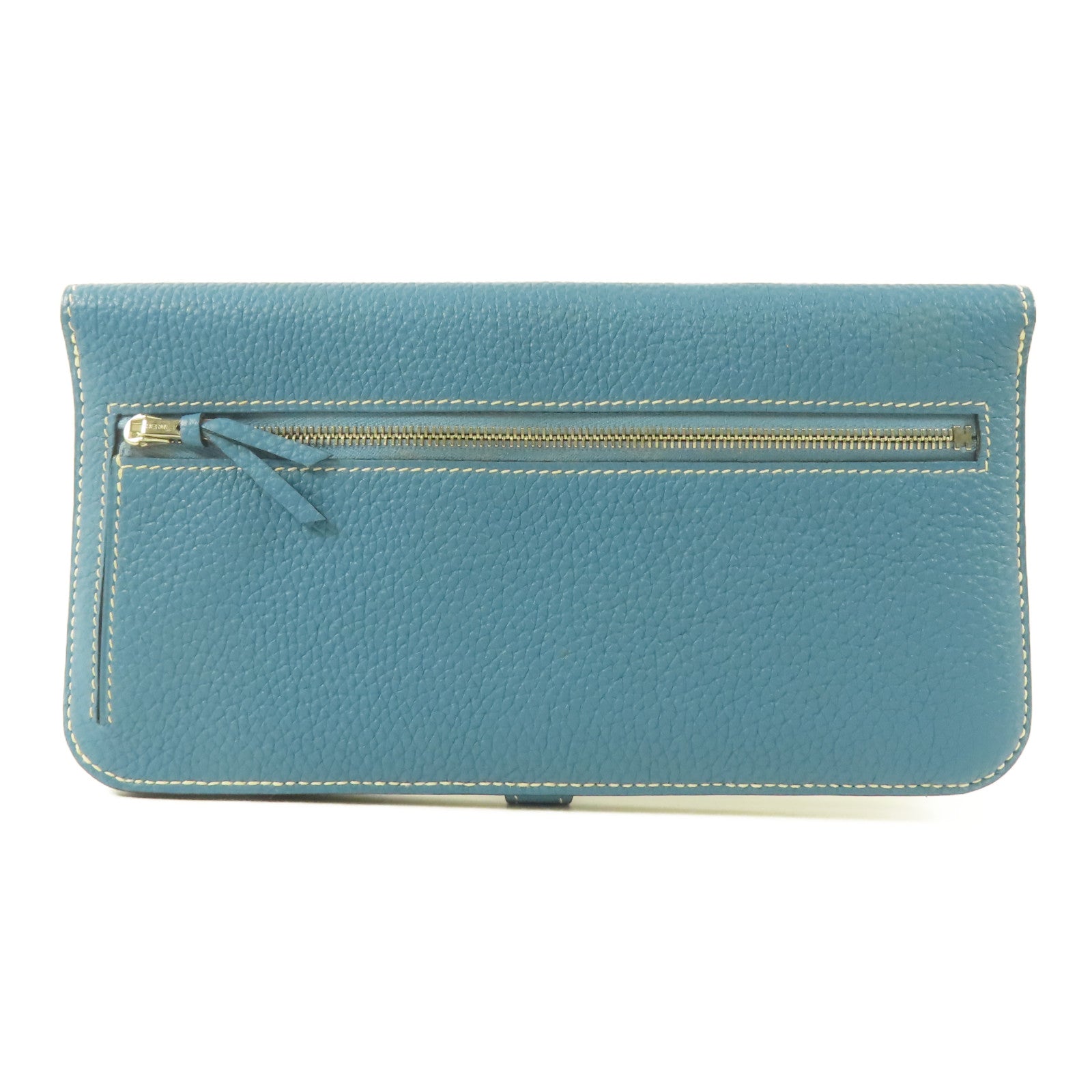 HERMES 【激減優惠】Clemence皮革Dogon MM銀扣長錢包Blue Jeans/藍色