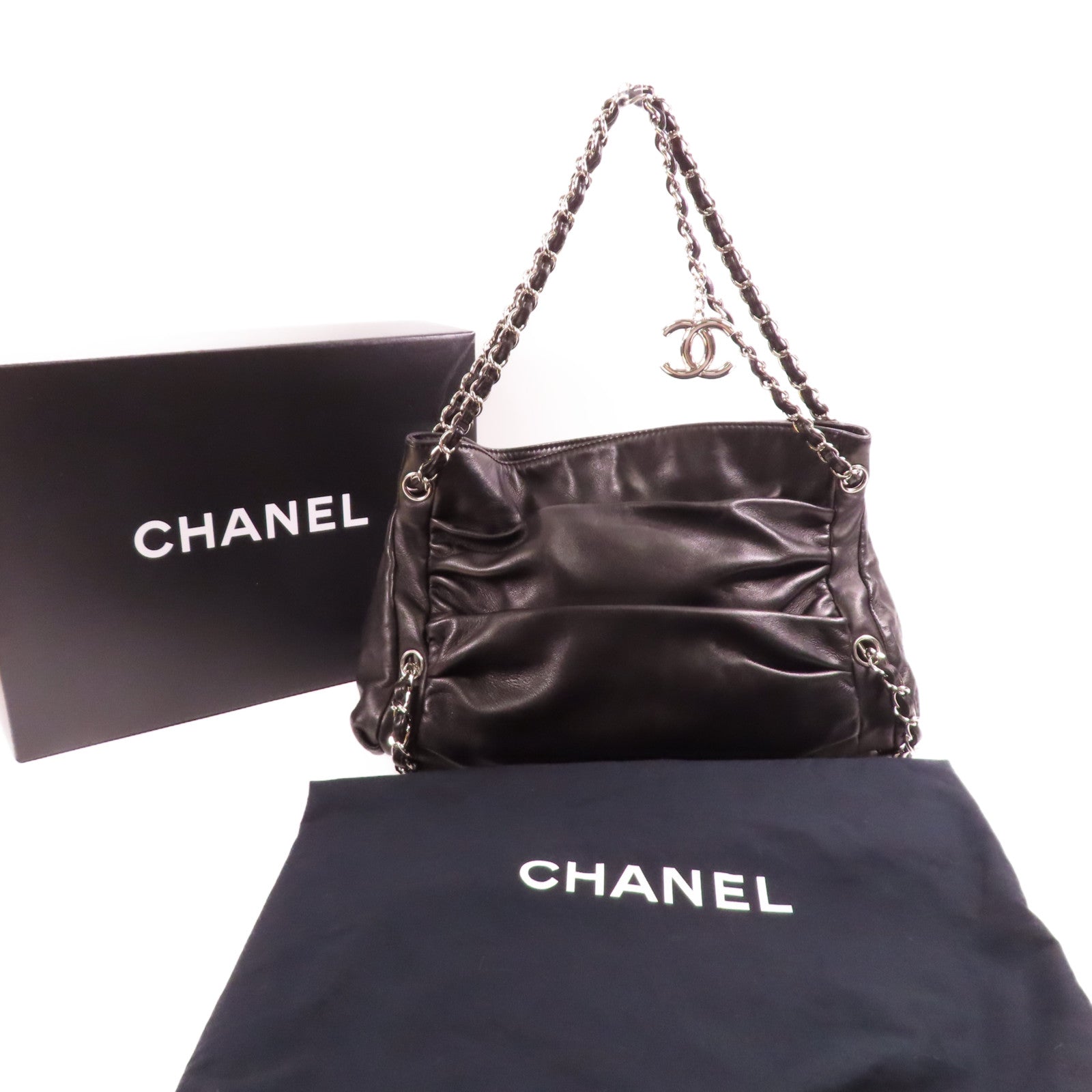 CHANEL 羊皮皮革Shoulder Bag銀扣鏈帶肩背袋
