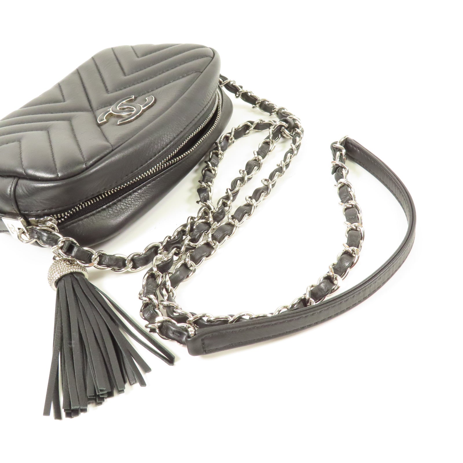 CHANEL 牛皮皮革Chain Shoulder銀扣鏈帶肩背袋