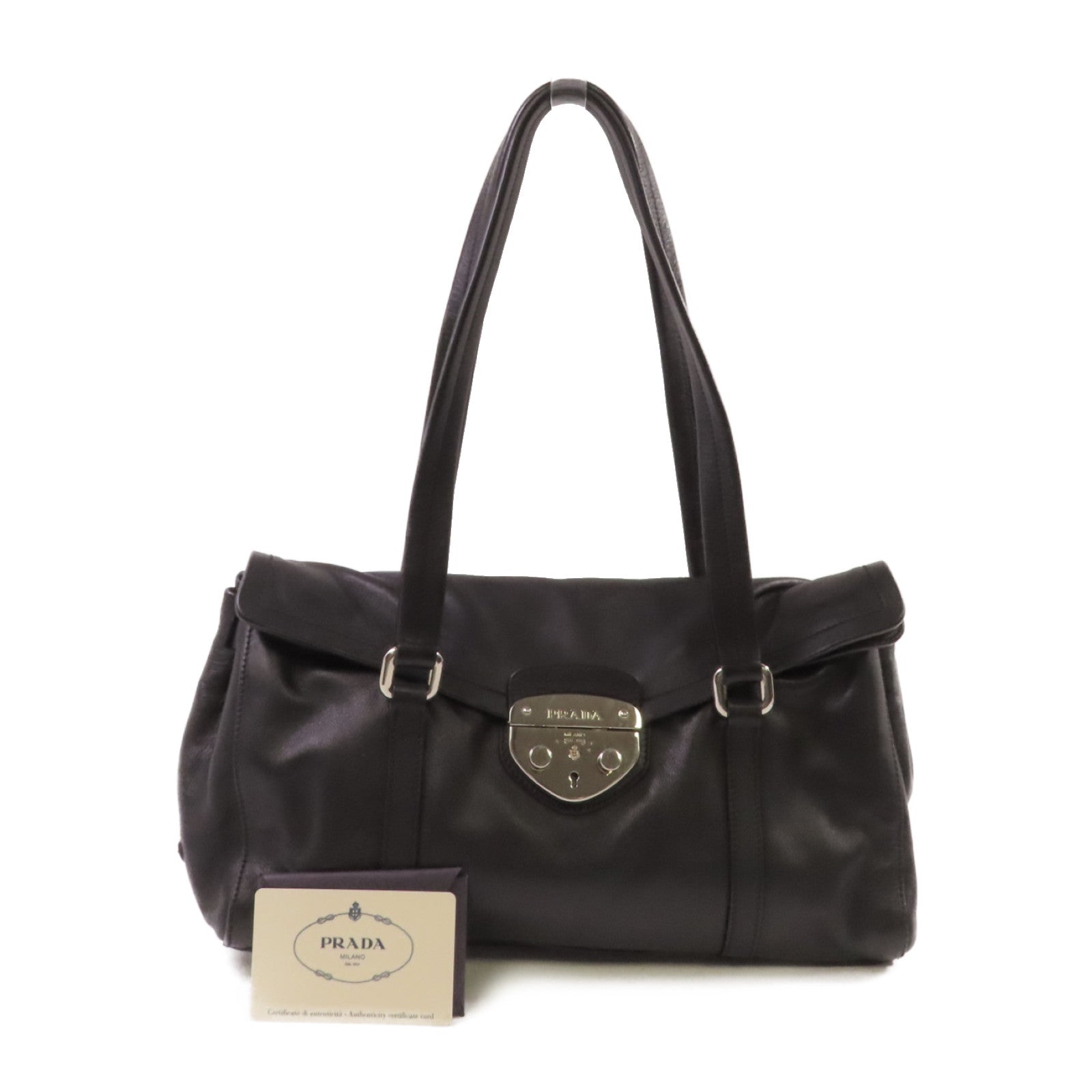 PRADA 牛皮皮革Shoulder Bag銀扣肩背袋黑色