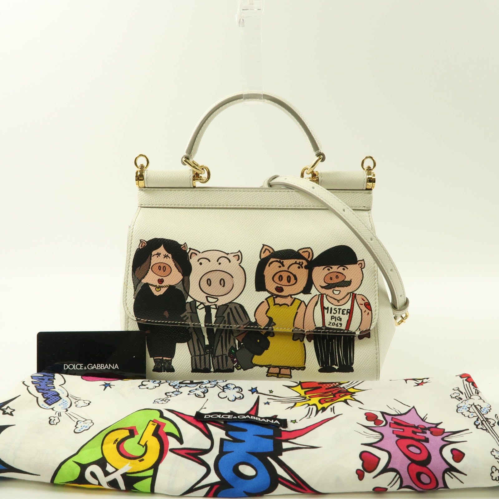 D&G 皮革2 Way Shoulder Bag Family Pig Bianco金扣手挽肩背兩用袋白色