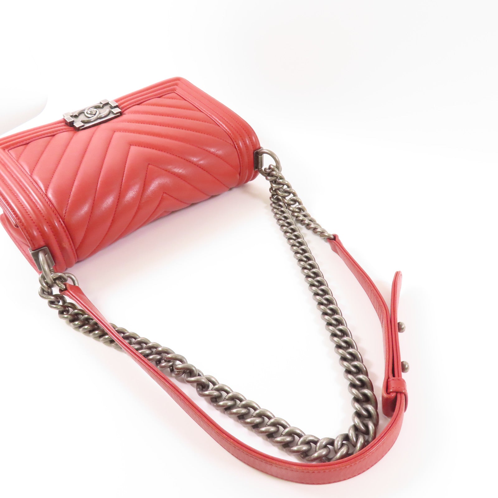 CHANEL CC SHW Boy 25 Chain Shoulder Bag Calfskin Leather Red