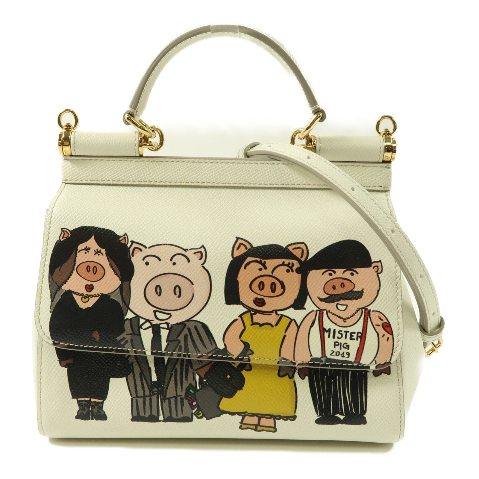 D&G 【激減優惠】皮革2 Way Shoulder Bag Family Pig Bianco金扣手挽肩背兩用袋白色