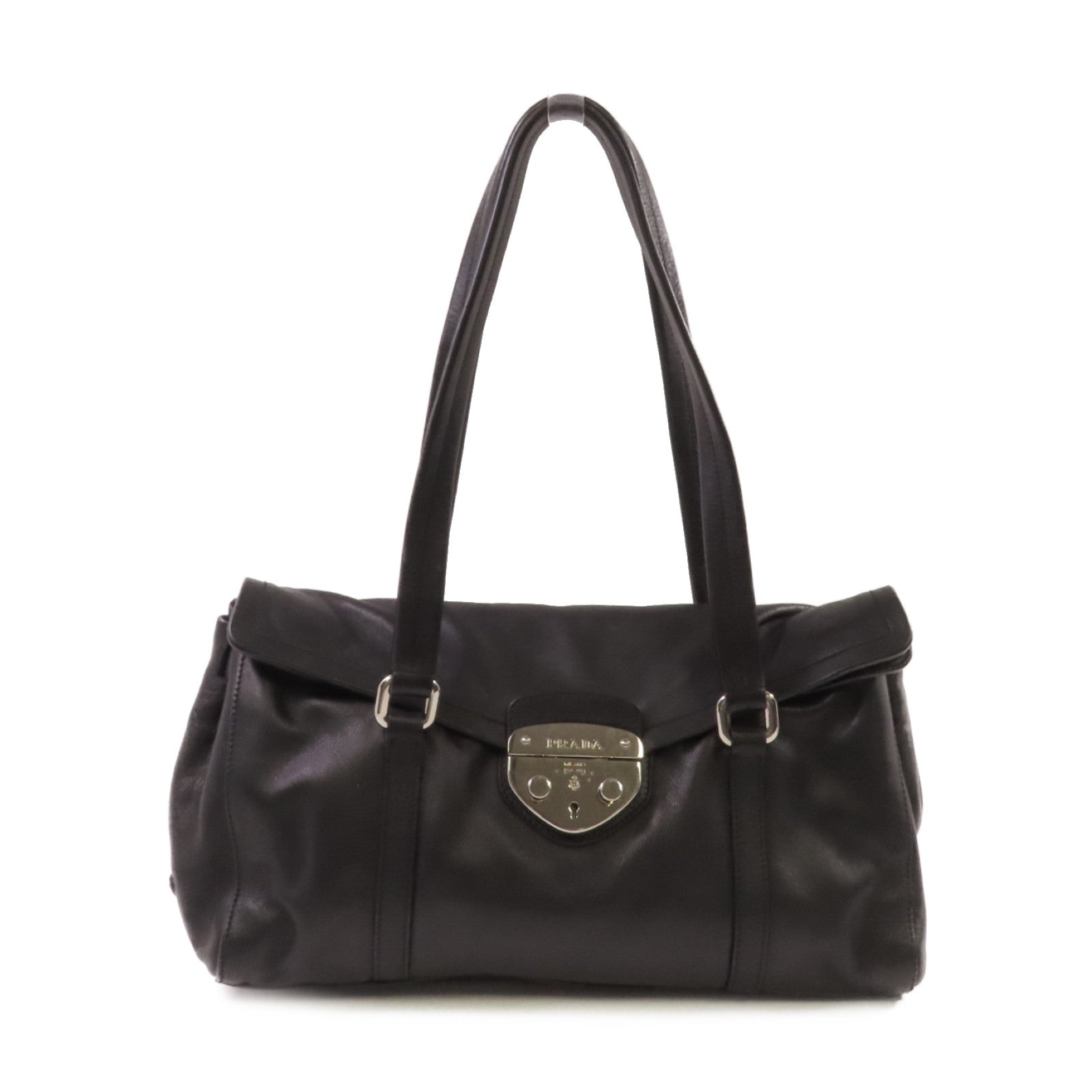 PRADA 牛皮皮革Shoulder Bag銀扣肩背袋黑色