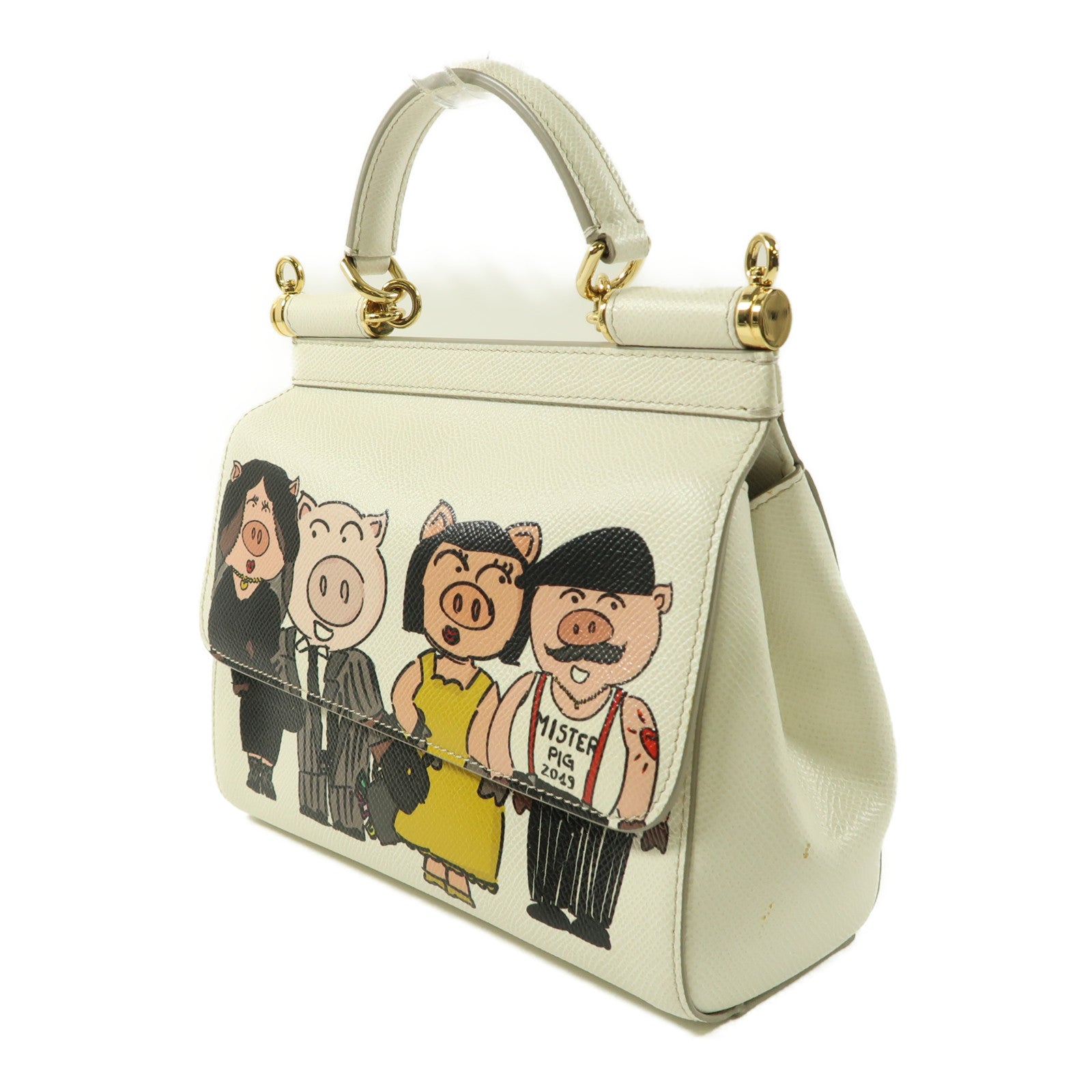 D&G 皮革2 Way Shoulder Bag Family Pig Bianco金扣手挽肩背兩用袋白色