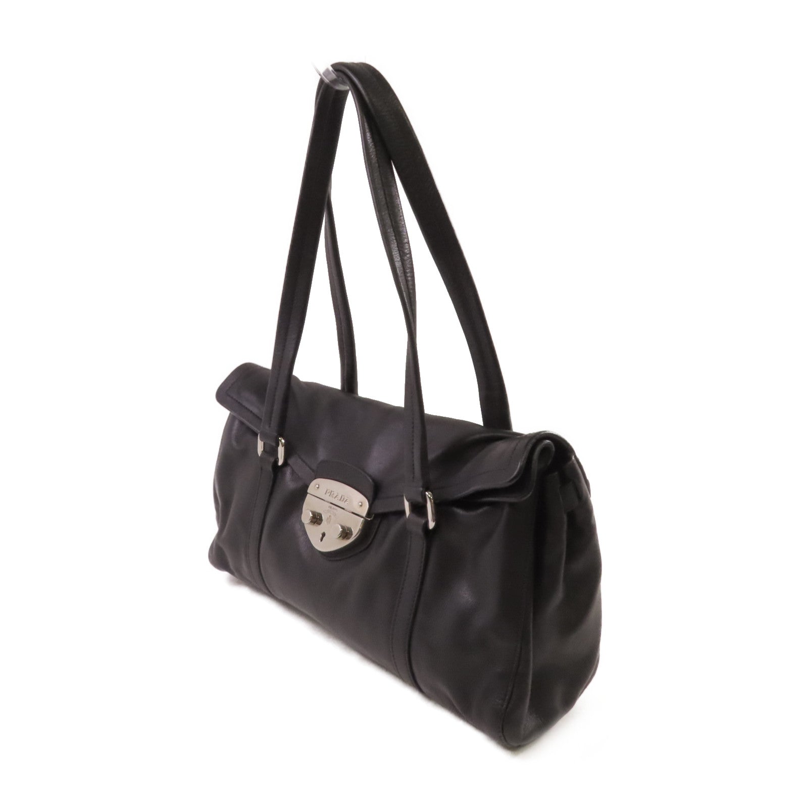 PRADA 牛皮皮革Shoulder Bag銀扣肩背袋黑色