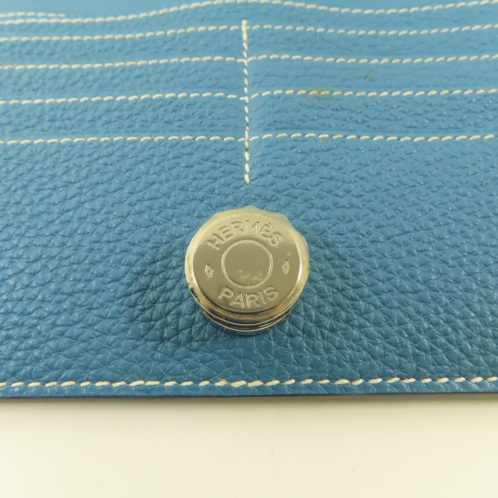 HERMES 【激減優惠】Clemence皮革Dogon MM銀扣長錢包Blue Jeans/藍色