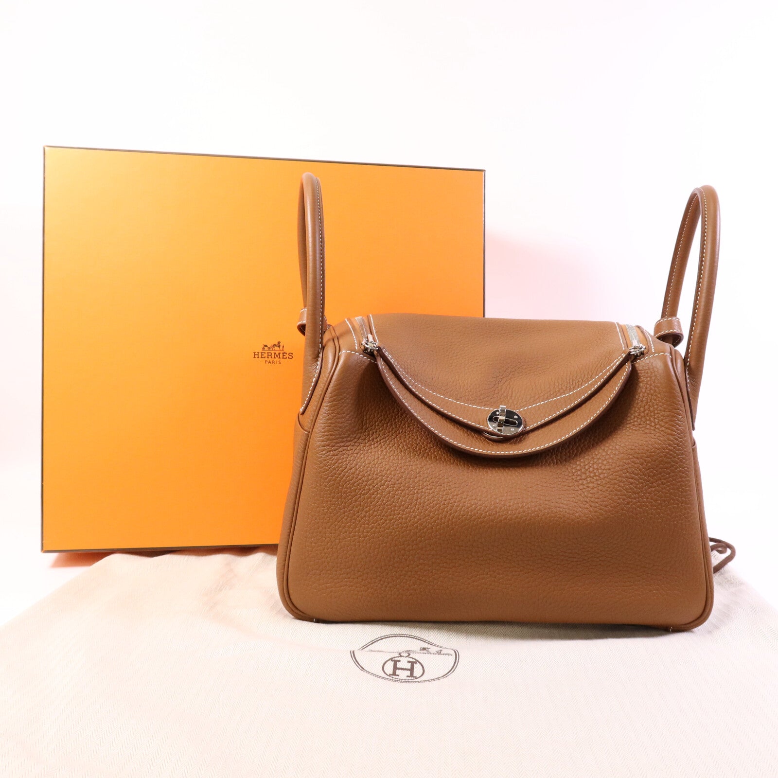 HERMES Clemence皮革Lindy 30銀扣手挽肩背兩用袋Gold