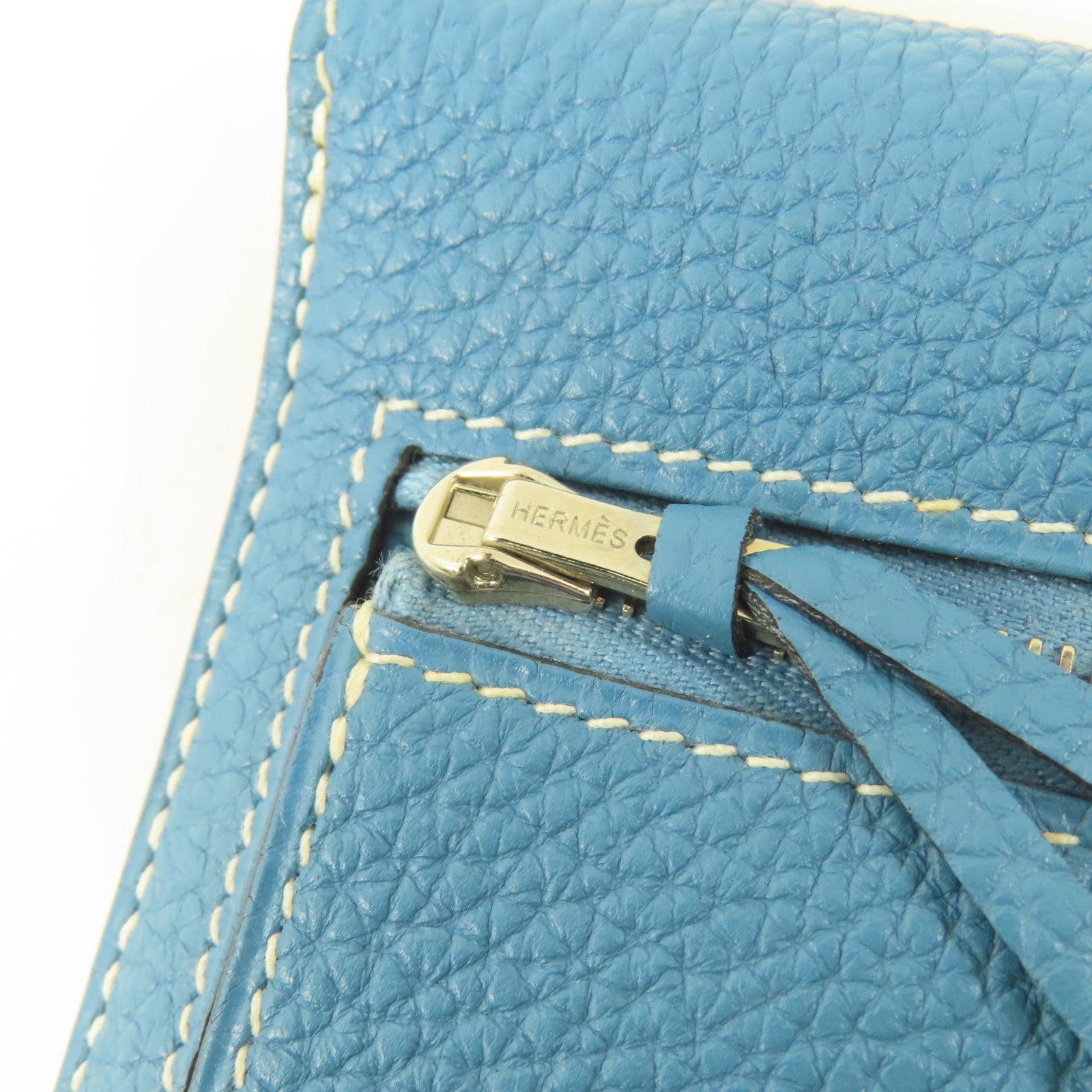 HERMES 【激減優惠】Clemence皮革Dogon MM銀扣長錢包Blue Jeans/藍色