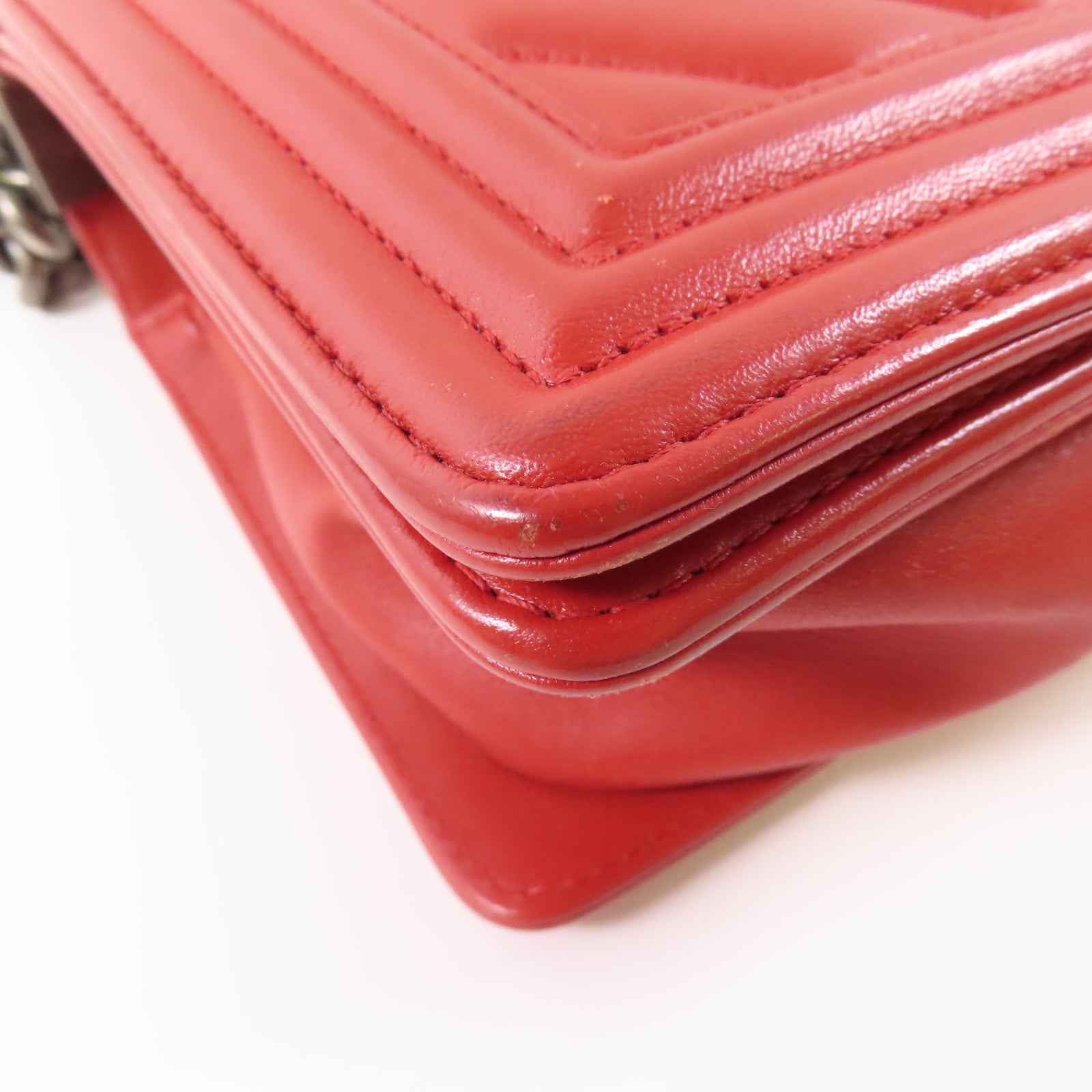 CHANEL CC SHW Boy 25 Chain Shoulder Bag Calfskin Leather Red