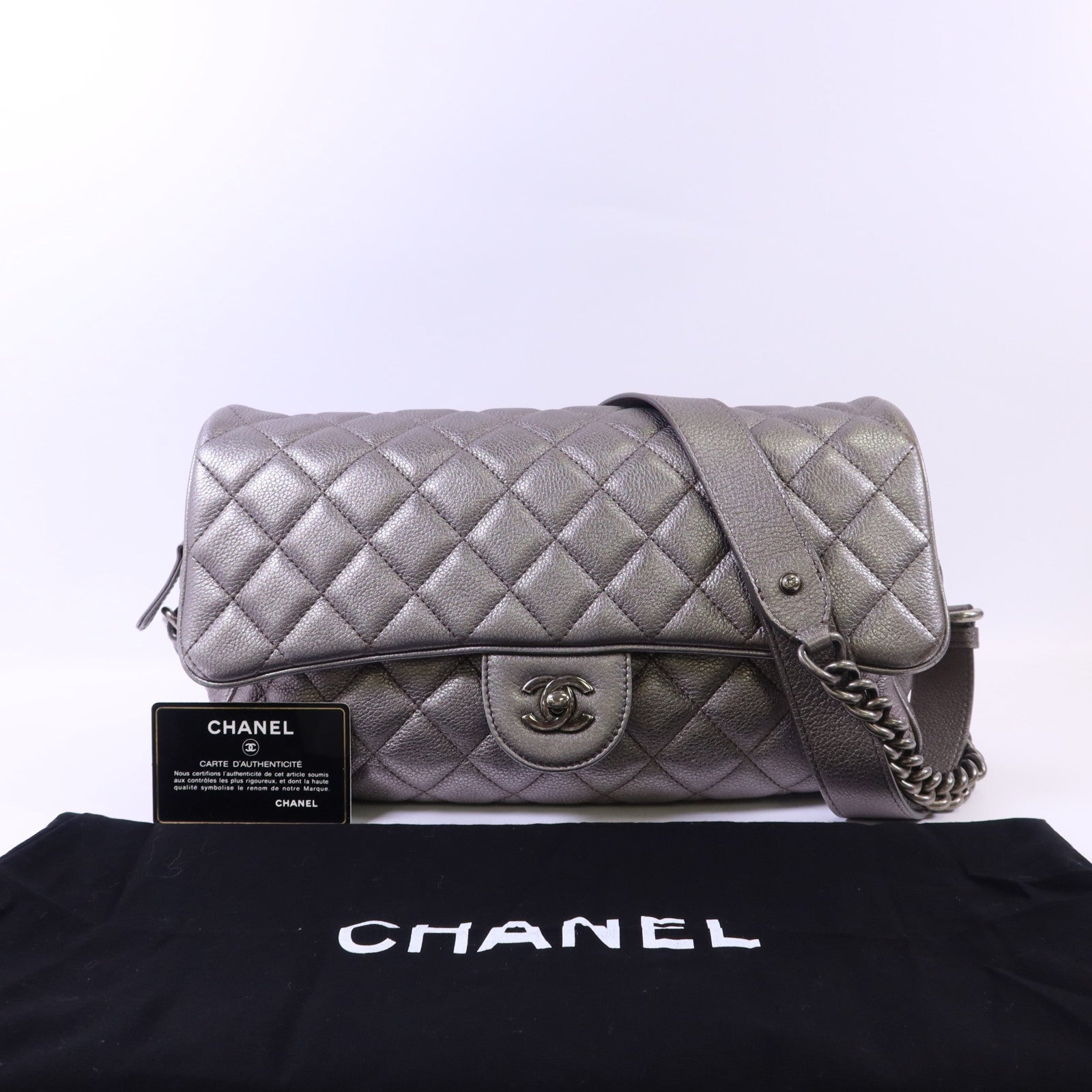 CHANEL 牛皮皮革Chain Shoulder銀扣鏈帶肩背袋