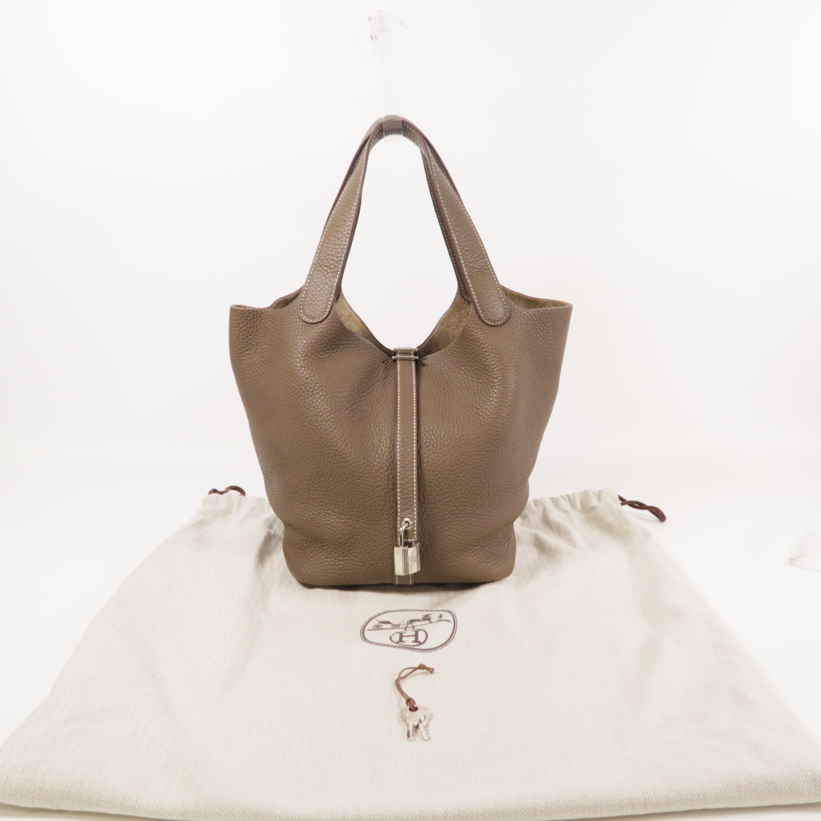 HERMES PHW Picotin MM Hand Bag/Bucket Tote Bag Clemence Leather Etoupe